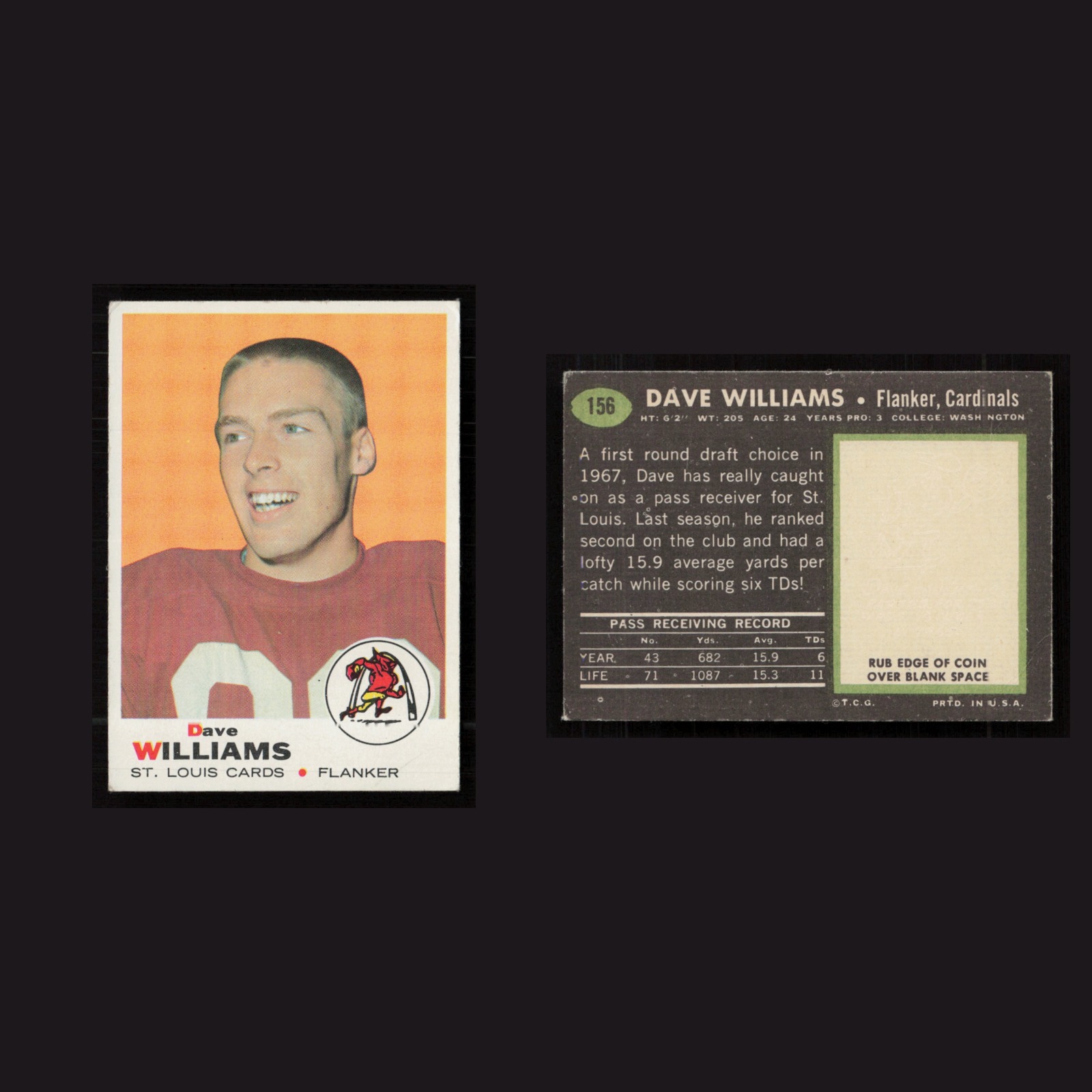 1969 Rookie Dave Williams #156 EX-EXMINT Topps St. Louis Cardinals Vintage Card front and back scans. Card condition is as shown in the scans.