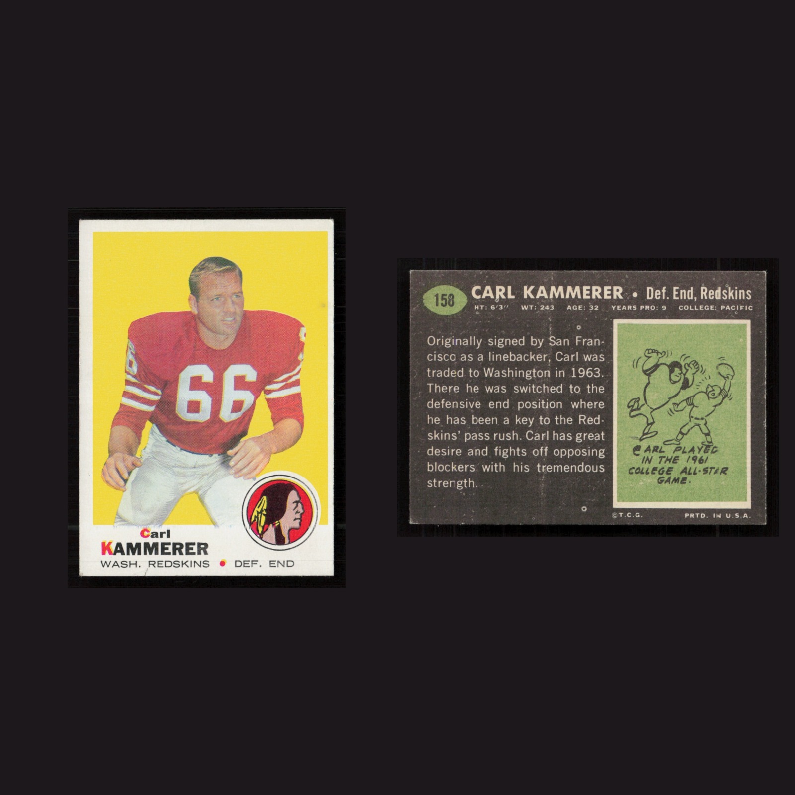 1969 Carl Kammerer #158 EX-EXMINT Topps Washington Redskins Vintage Football NFL front and back scans. Card condition is as shown in the scans.