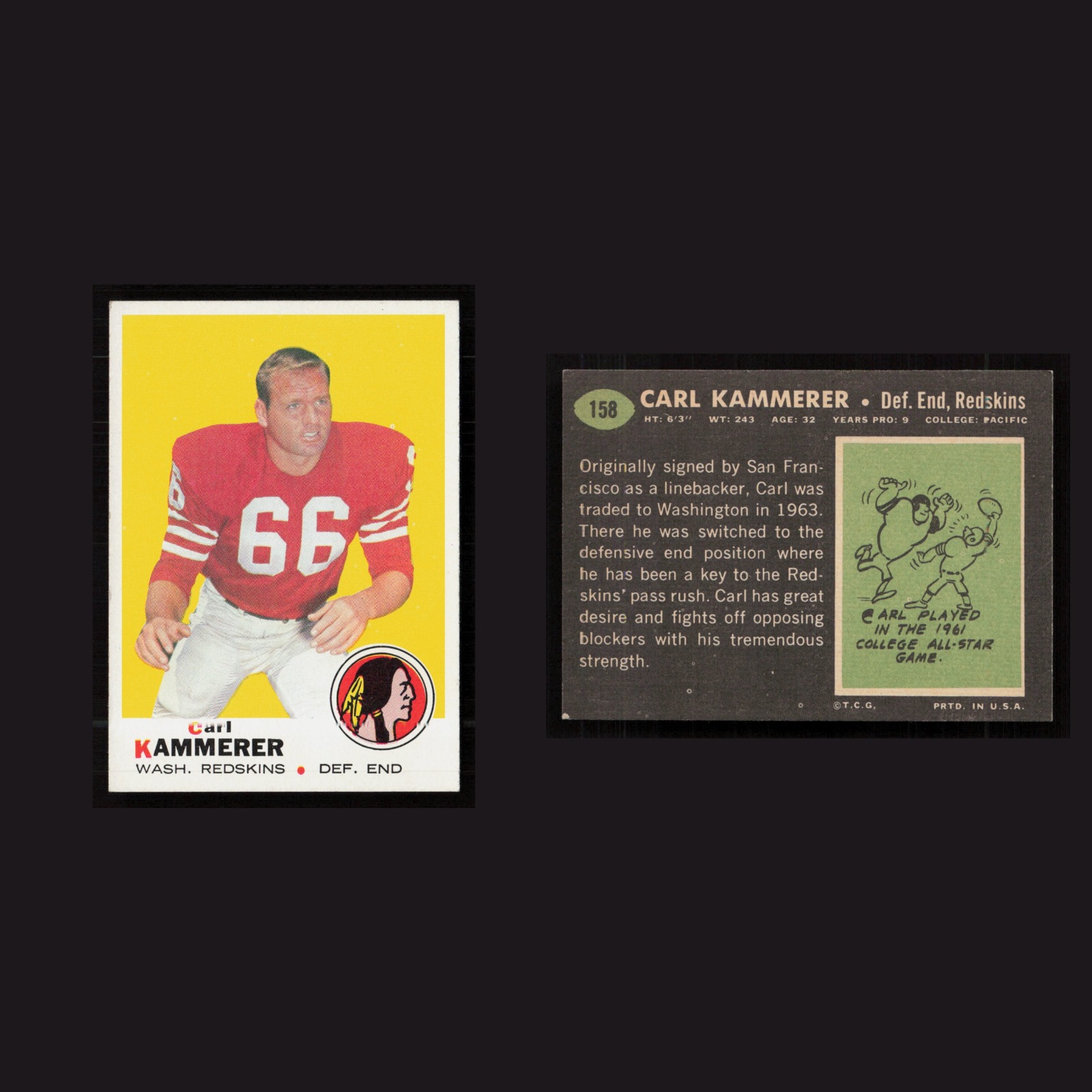 1969 Carl Kammerer #158 EX-EXMINT Topps Washington Redskins Vintage Football NFL front and back scans. Card condition is as shown in the scans.