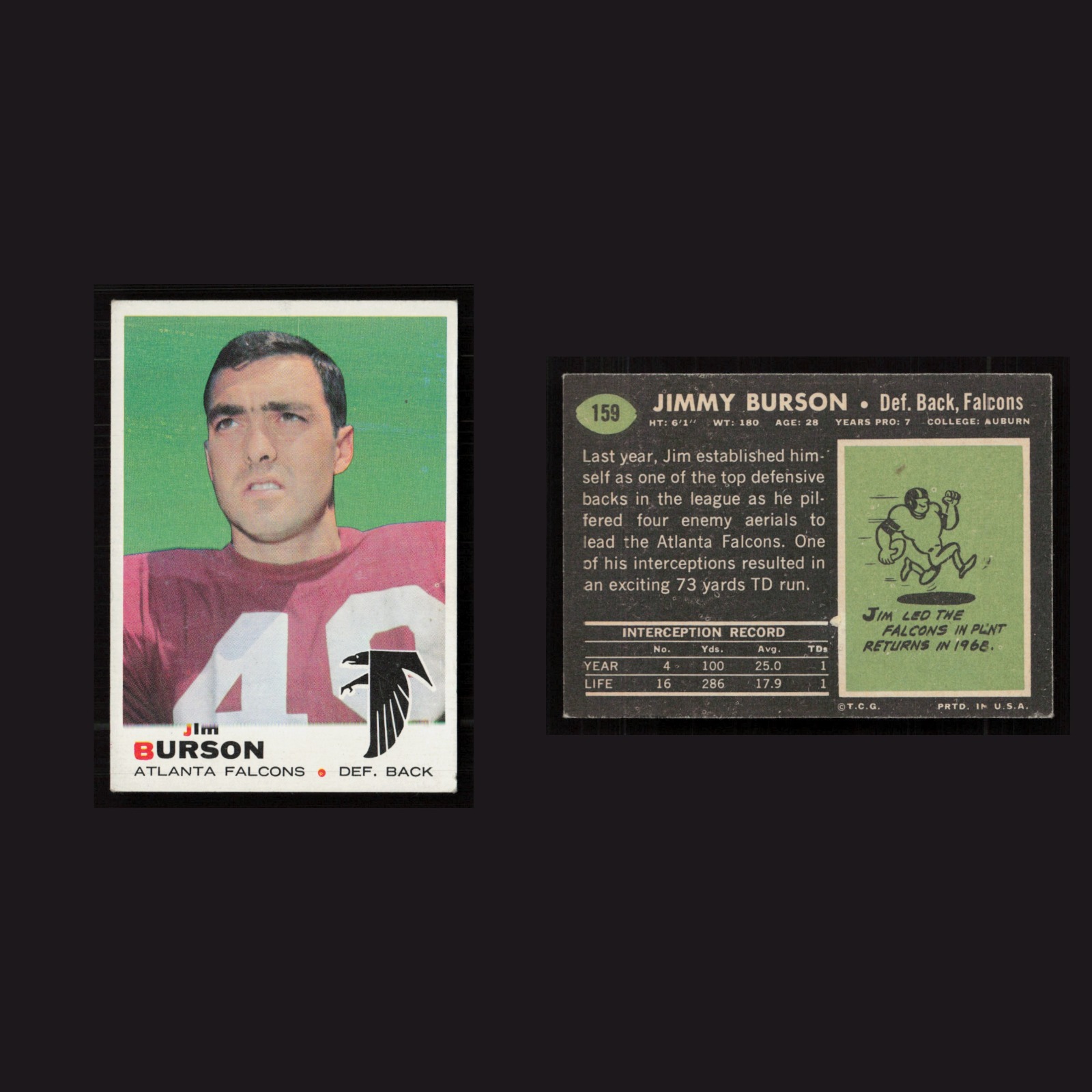 1969 Jimmy Burson #159 EX-EXMINT Topps Atlanta Falcons Vintage Football Card NFL front and back scans. Card condition is as shown in the scans.