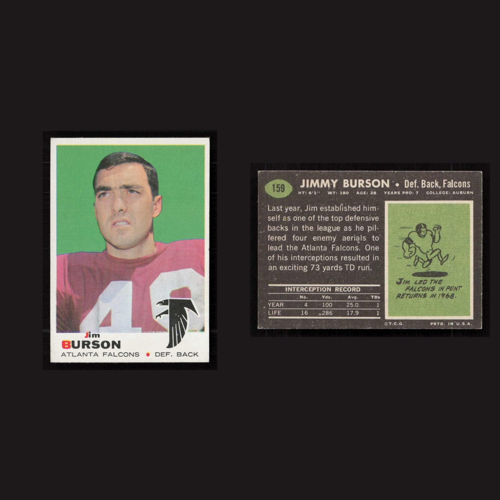 1969 Jimmy Burson #159 EX-EXMINT Topps Atlanta Falcons Vintage Football Card NFL front and back scans. Card condition is as shown in the scans.