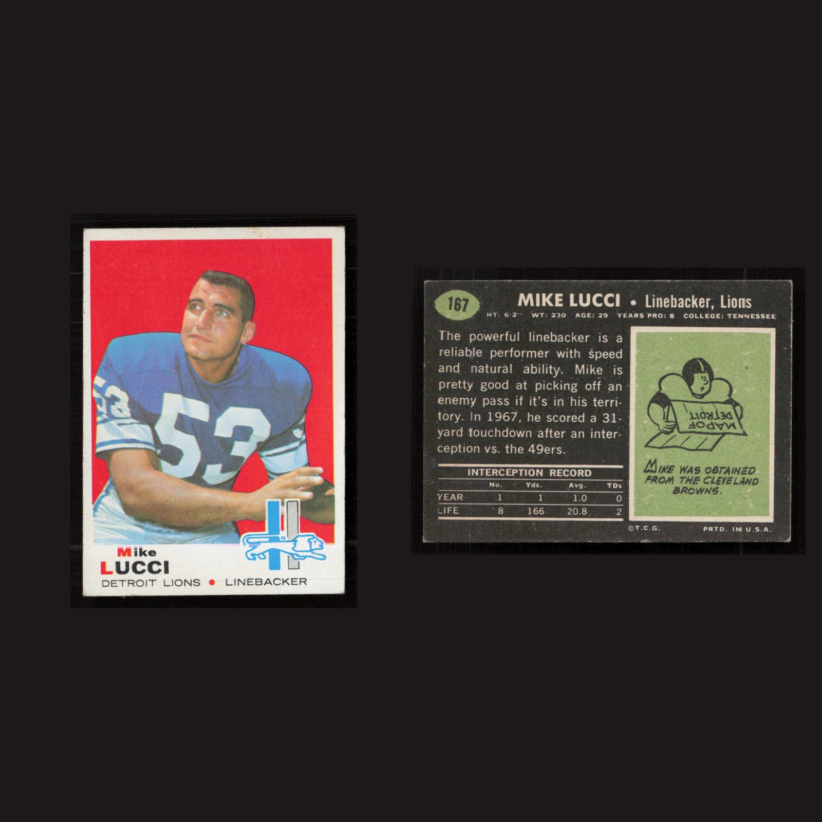 1969 Mike Lucci #167 EX-EXMINT Topps Detroit Lions Vintage Football Card NFL front and back scans. Card condition is as shown in the scans.