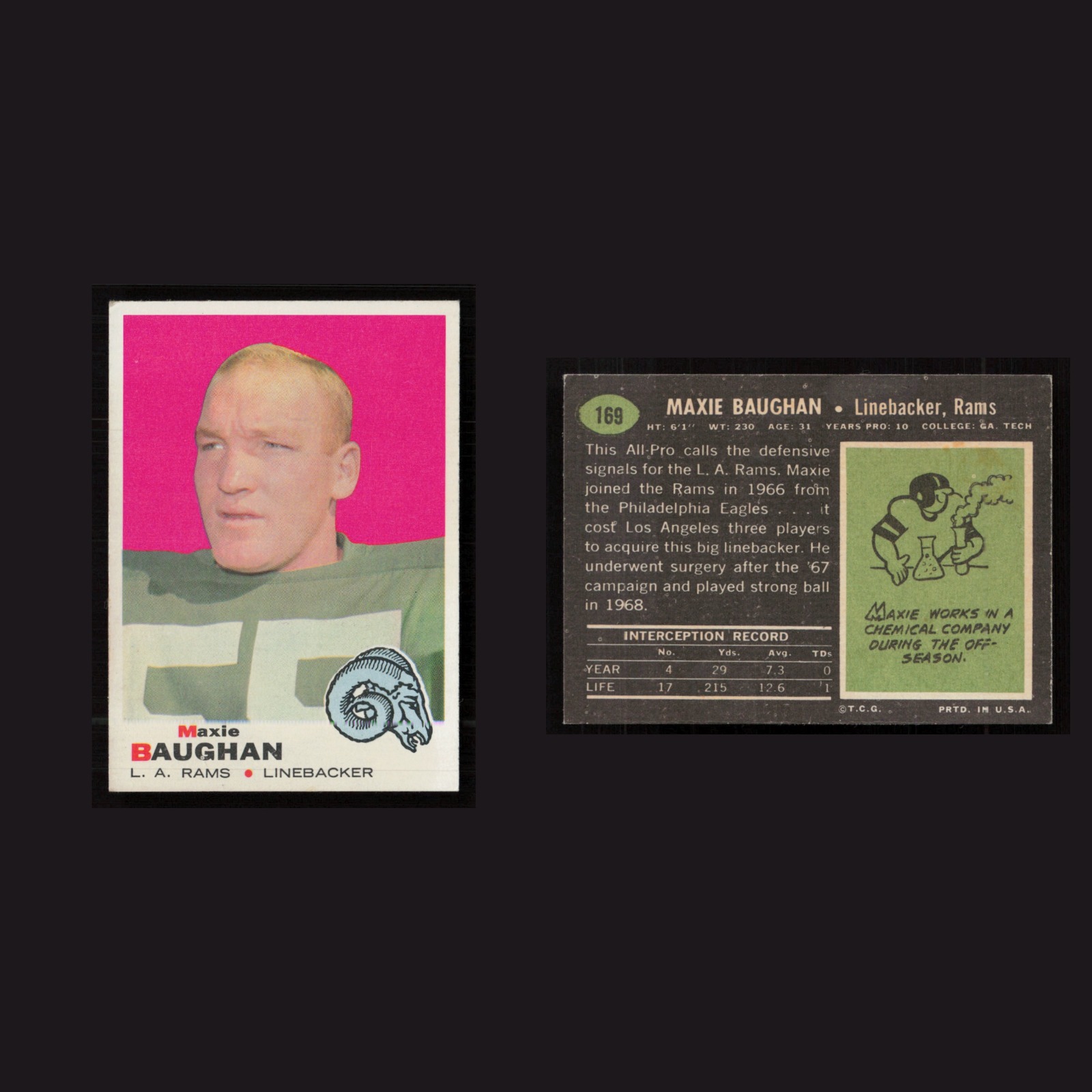1969 Maxie Baughan #169 EX-EXMINT Topps Los Angeles Rams Vintage Football Card front and back scans. Card condition is as shown in the scans.