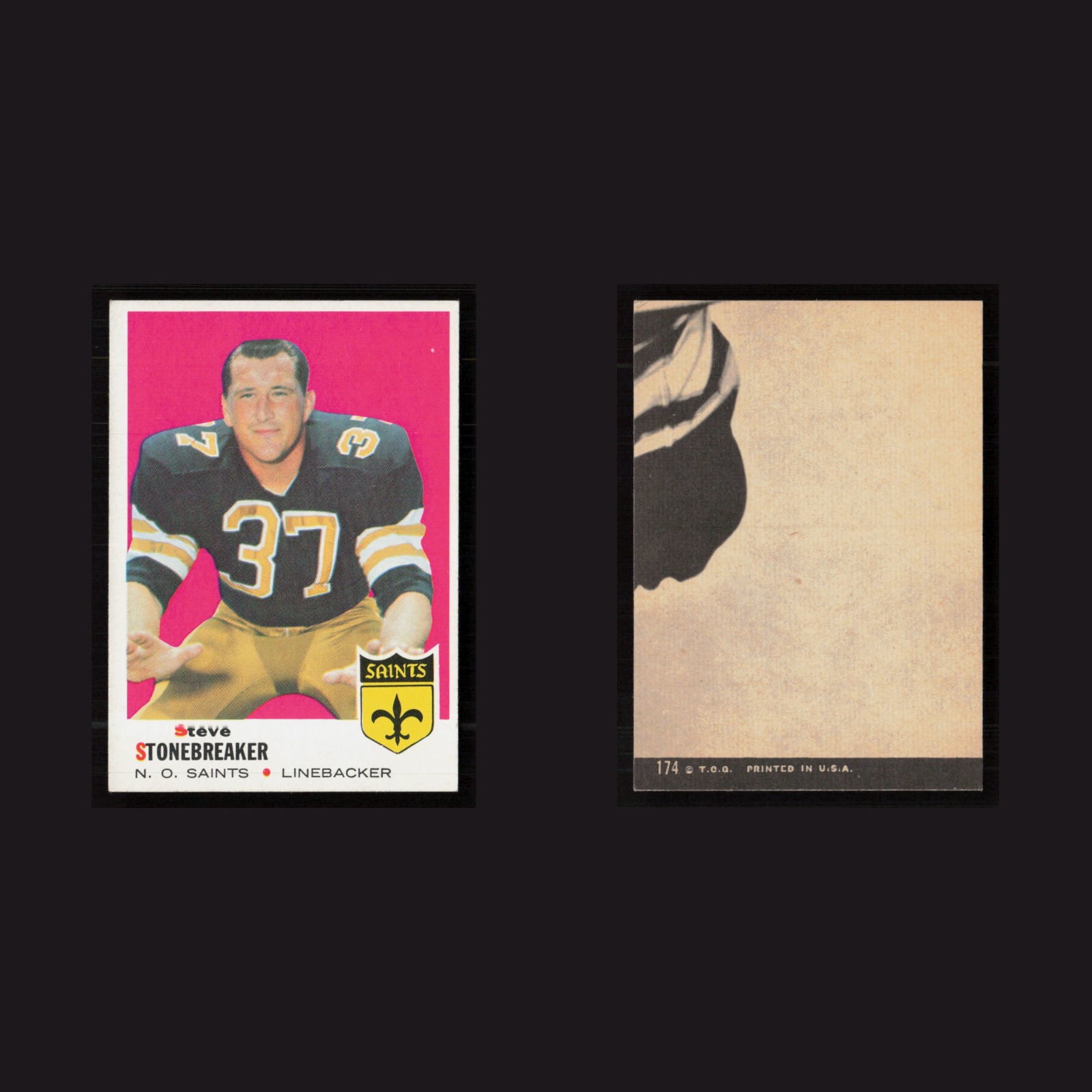 1969 Steve Stonebreaker #174 EX Topps New Orleans Saints Vintage Football Card front and back scans. Card condition is as shown in the scans.