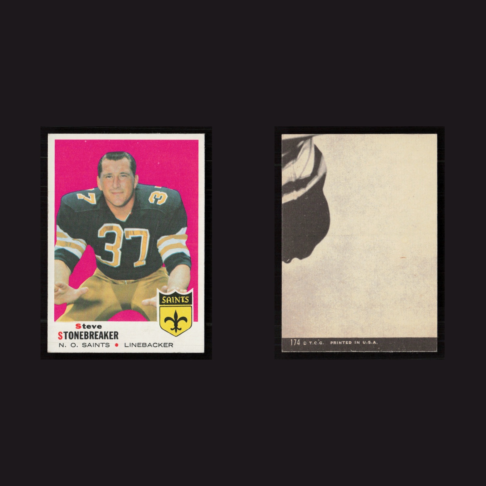 1969 Steve Stonebreaker #174 EX Topps New Orleans Saints Vintage Football Card front and back scans. Card condition is as shown in the scans.