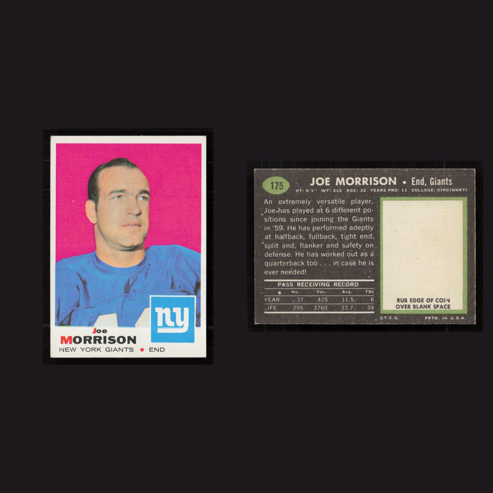 1969 Joe Morrison #175 EX-EXMINT Topps New York Giants Vintage Football Card NFL front and back scans. Card condition is as shown in the scans.