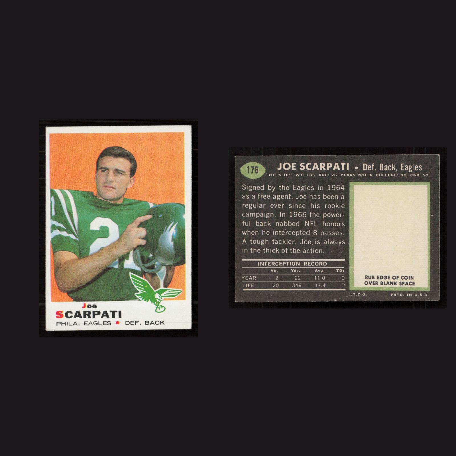 1969 Joe Scarpati #176 EX-EXMINT Topps Philadelphia Eagles Vintage Football Card front and back scans. Card condition is as shown in the scans.
