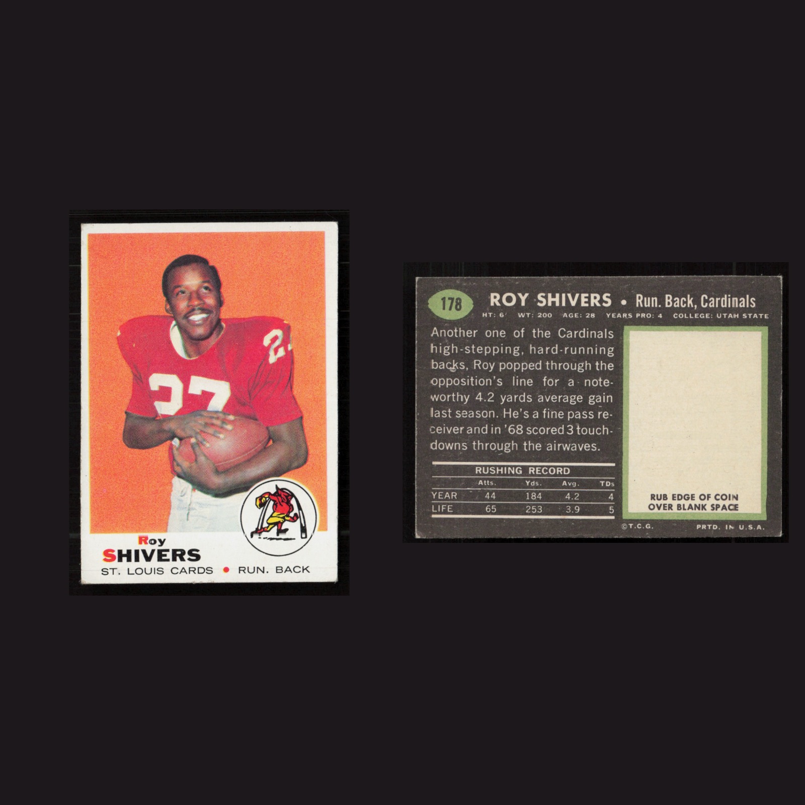 1969 Roy Shivers #178 EX-EXMINT Topps St. Louis Cardinals Vintage Football Card front and back scans. Card condition is as shown in the scans.