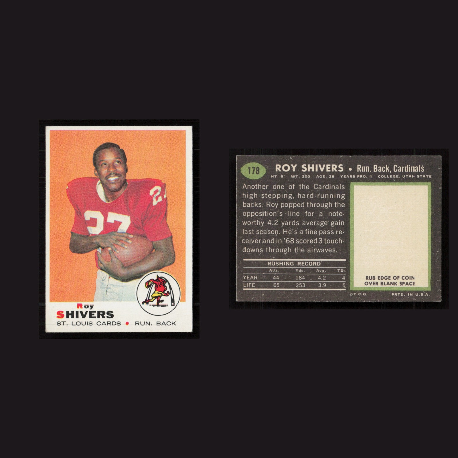 1969 Roy Shivers #178 EX-EXMINT Topps St. Louis Cardinals Vintage Football Card front and back scans. Card condition is as shown in the scans.