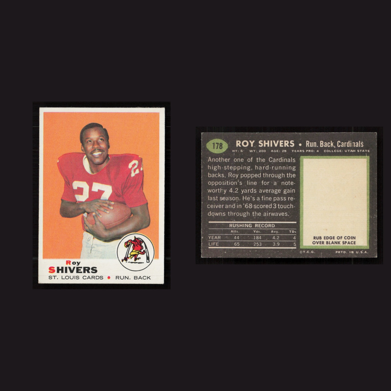 1969 Roy Shivers #178 EX-EXMINT Topps St. Louis Cardinals Vintage Football Card front and back scans. Card condition is as shown in the scans.