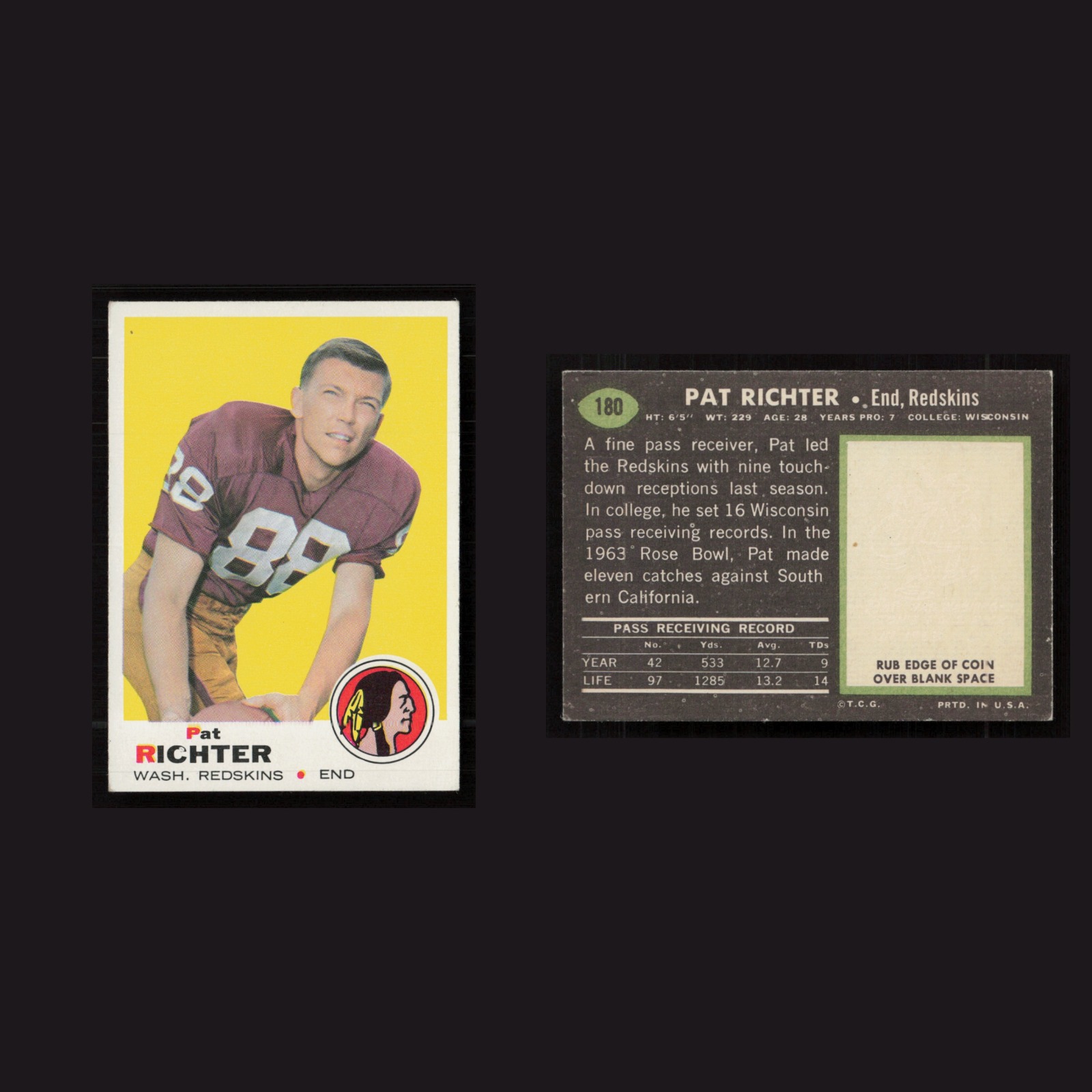 1969 Pat Richter #180 EX-EXMINT Topps Washington Redskins Vintage Football Card front and back scans. Card condition is as shown in the scans.