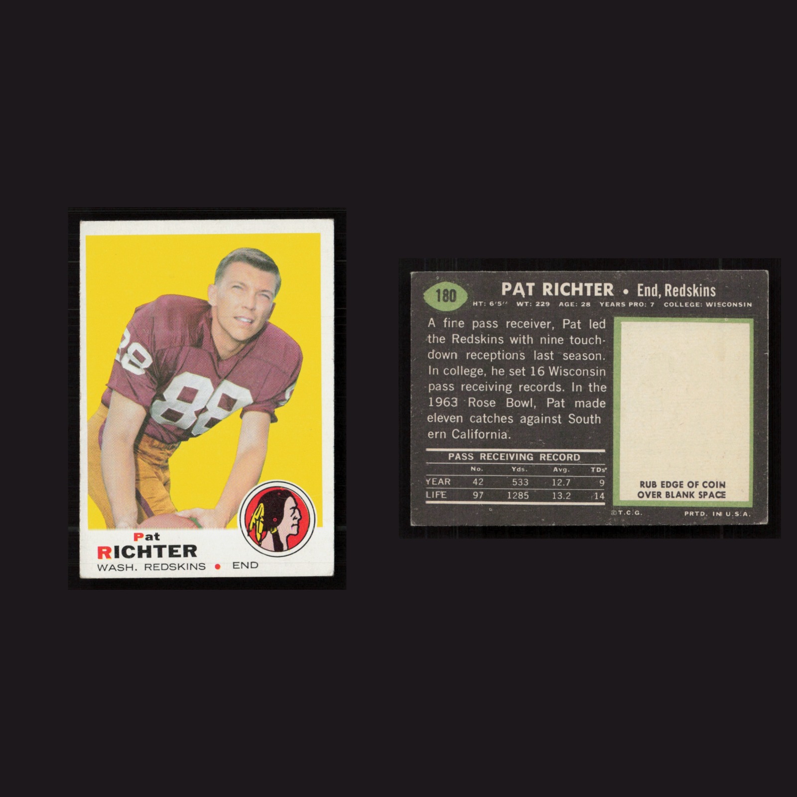 1969 Pat Richter #180 EX-EXMINT Topps Washington Redskins Vintage Football Card front and back scans. Card condition is as shown in the scans.