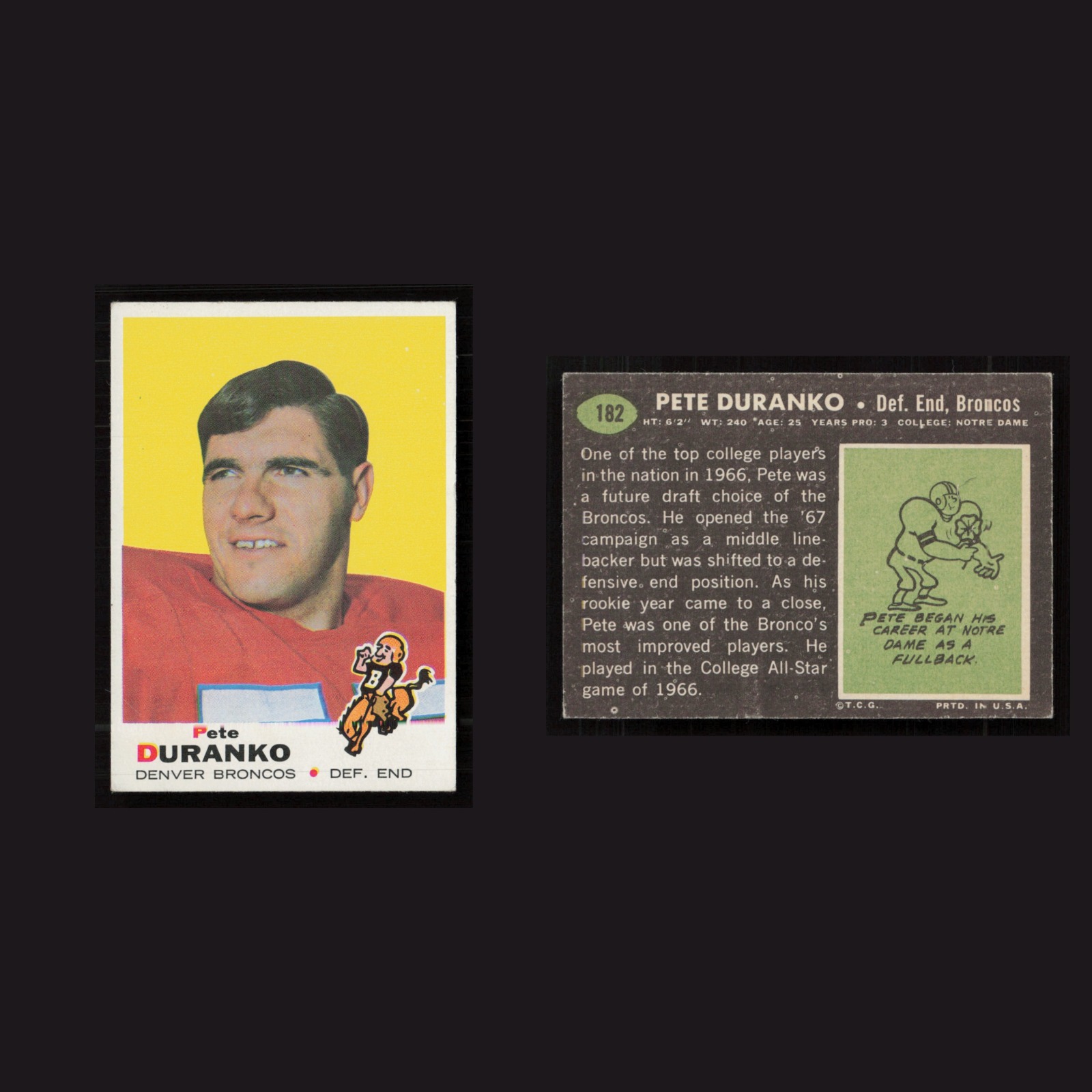 1969 Rookie Pete Duranko #182 EX-EXMINT Topps Denver Broncos Vintage Football front and back scans. Card condition is as shown in the scans.