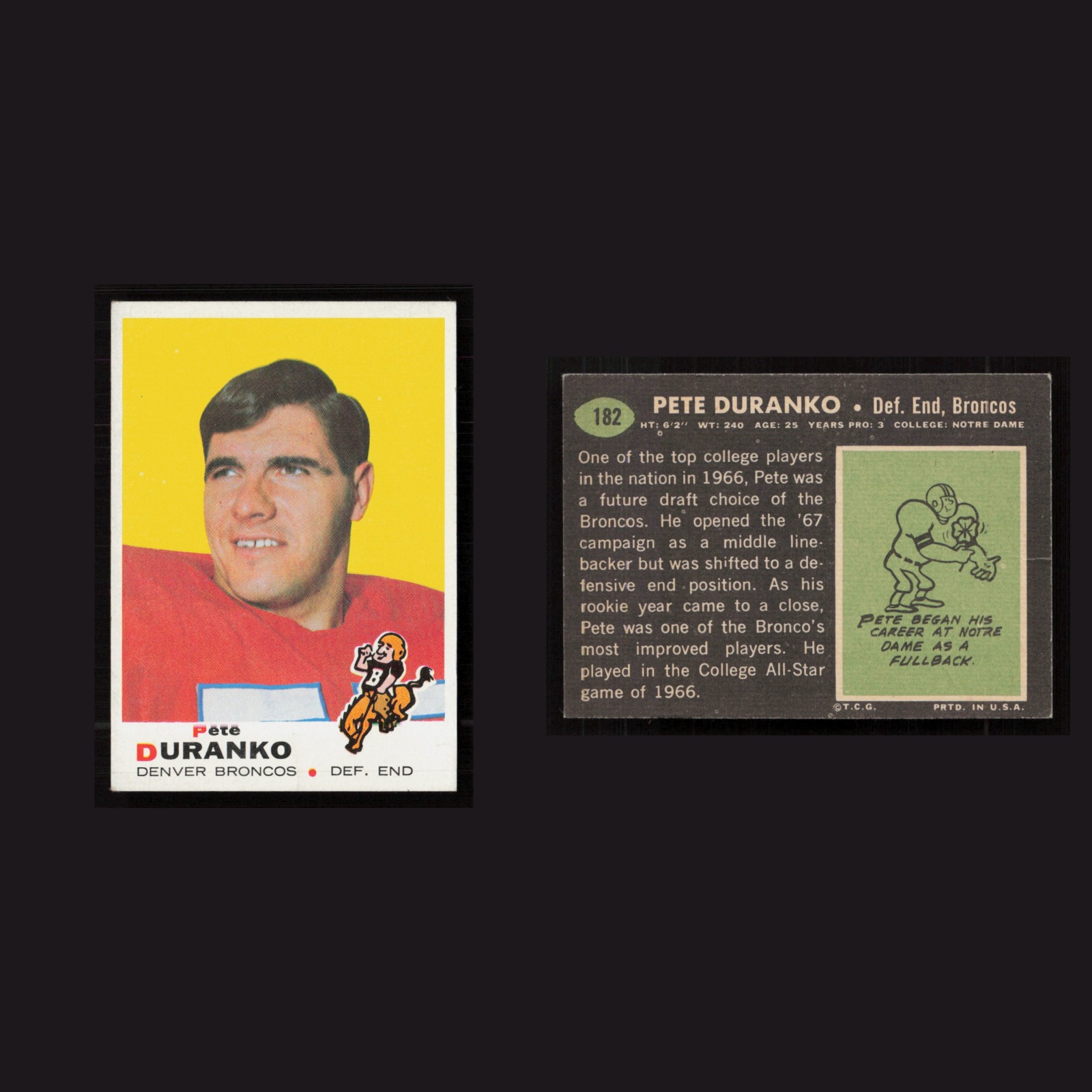 1969 Rookie Pete Duranko #182 EX-EXMINT Topps Denver Broncos Vintage Football front and back scans. Card condition is as shown in the scans.