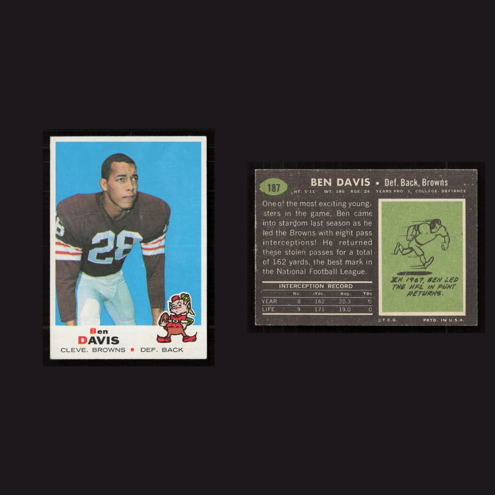 1969 Ben Davis #187 EX-EXMINT Topps Cleveland Browns Vintage Football Card NFL front and back scans. Card condition is as shown in the scans.