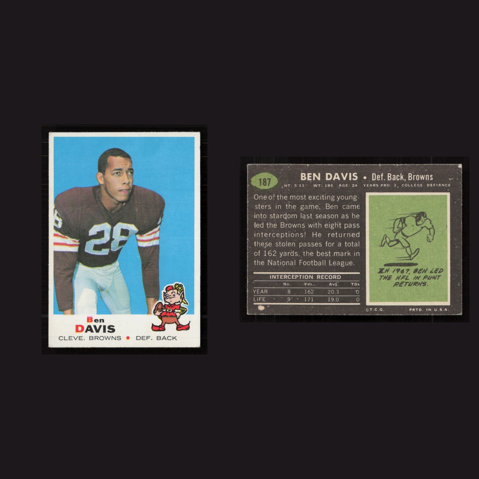 1969 Ben Davis #187 EX-EXMINT Topps Cleveland Browns Vintage Football Card NFL front and back scans. Card condition is as shown in the scans.