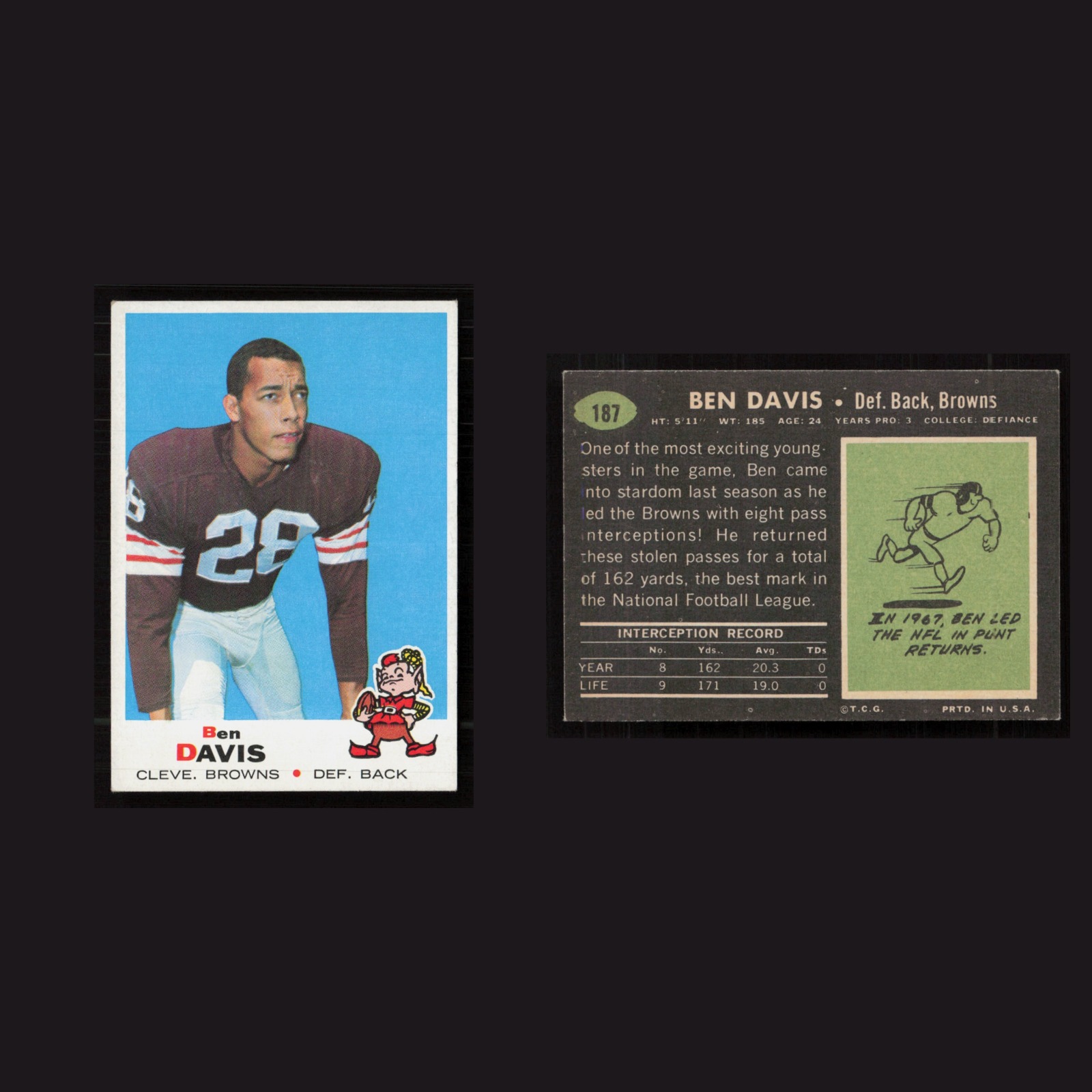 1969 Ben Davis #187 EX-EXMINT Topps Cleveland Browns Vintage Football Card NFL front and back scans. Card condition is as shown in the scans.