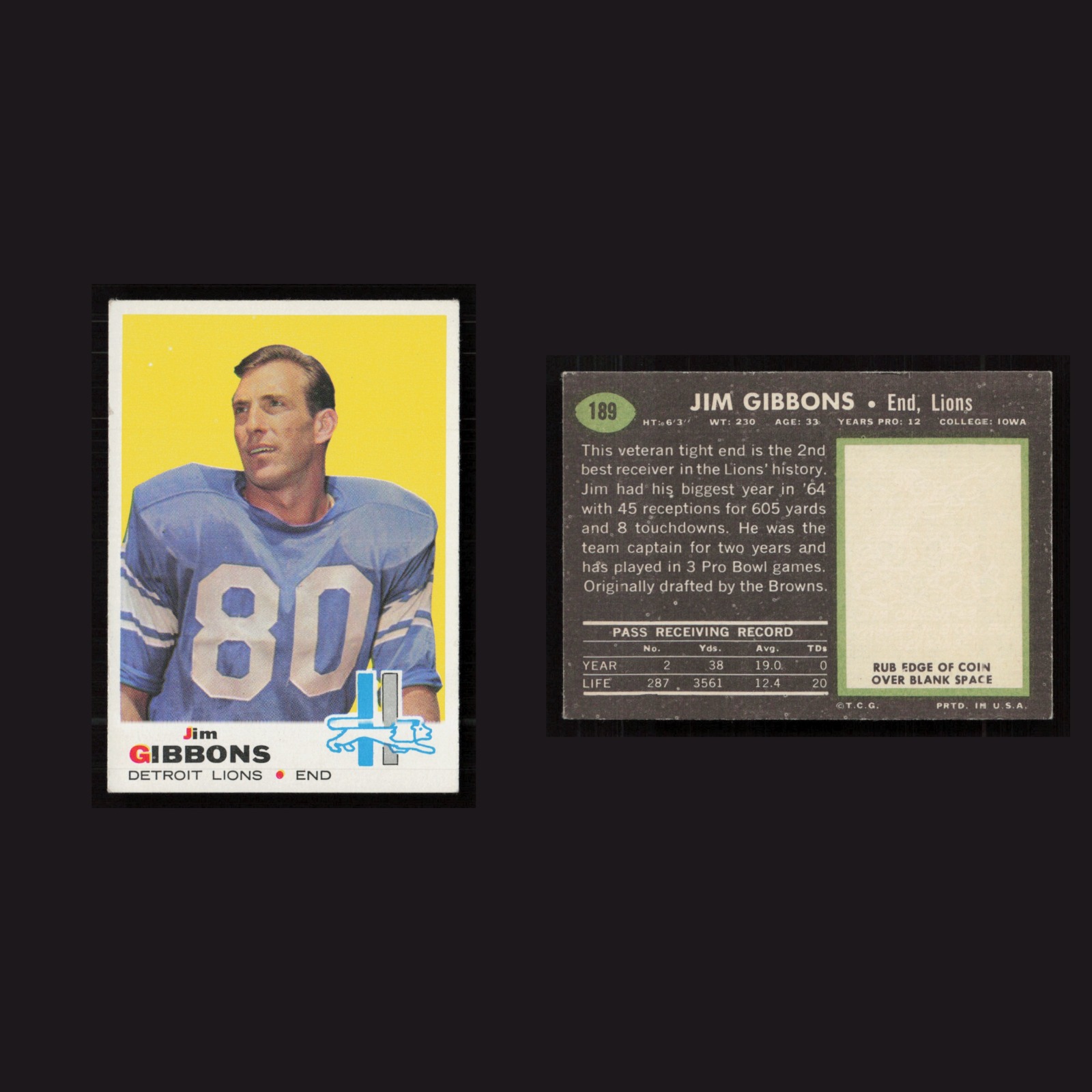 1969 Jim Gibbons #189 EX-EXMINT Topps Detroit Lions Vintage Football Card NFL front and back scans. Card condition is as shown in the scans.