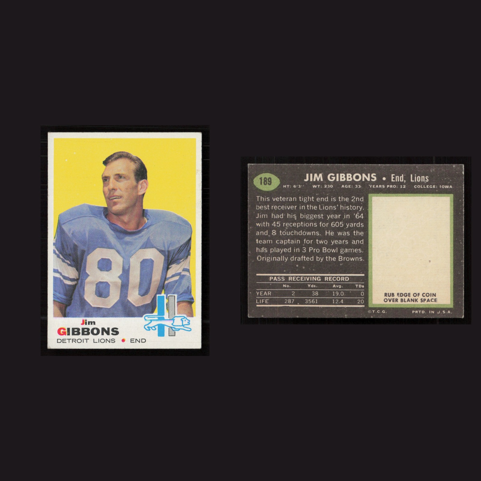 1969 Jim Gibbons #189 EX-EXMINT Topps Detroit Lions Vintage Football Card NFL front and back scans. Card condition is as shown in the scans.