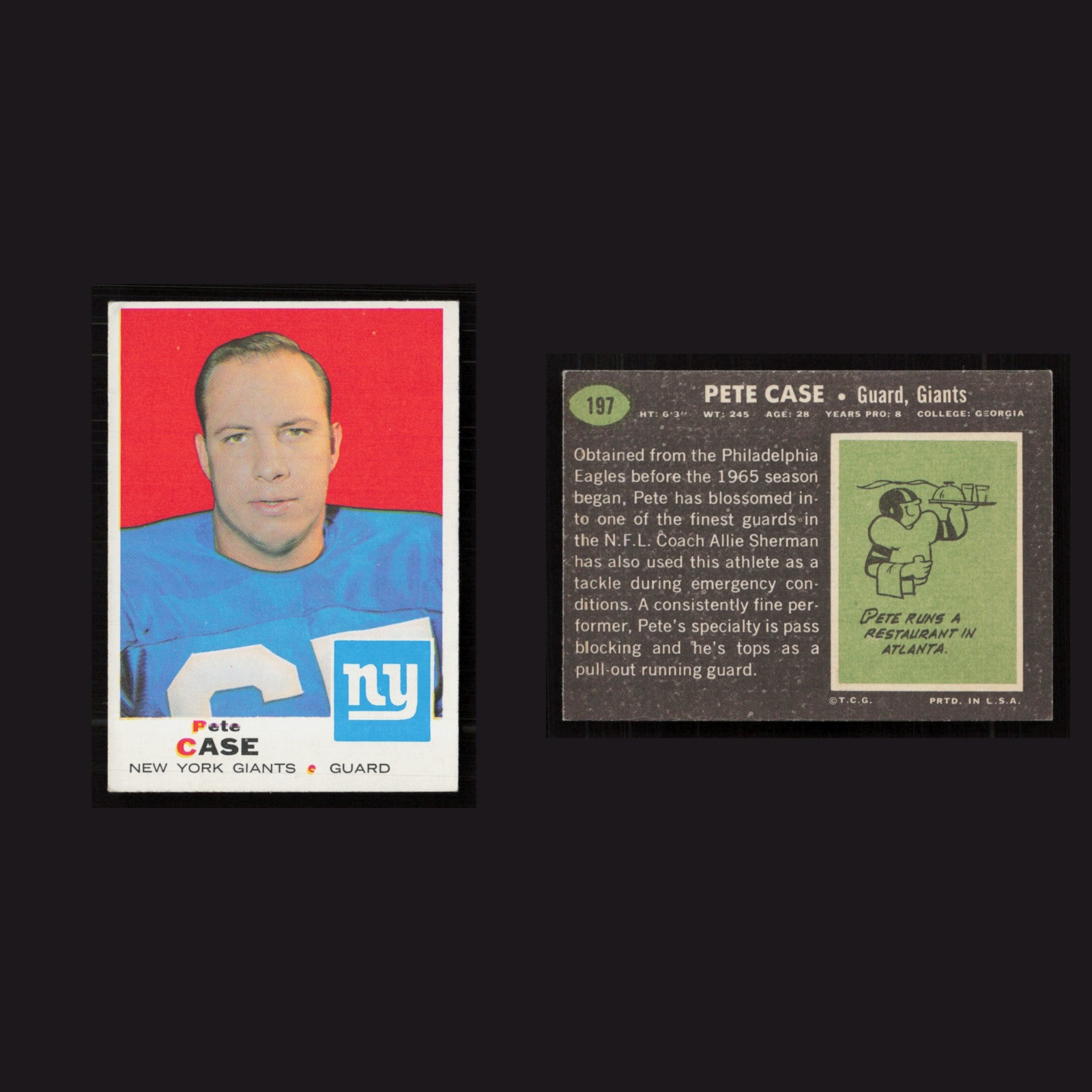 1969 Pete Case #197 EX Topps New York Giants Vintage Football Card Set-Break NFL front and back scans. Card condition is as shown in the scans.