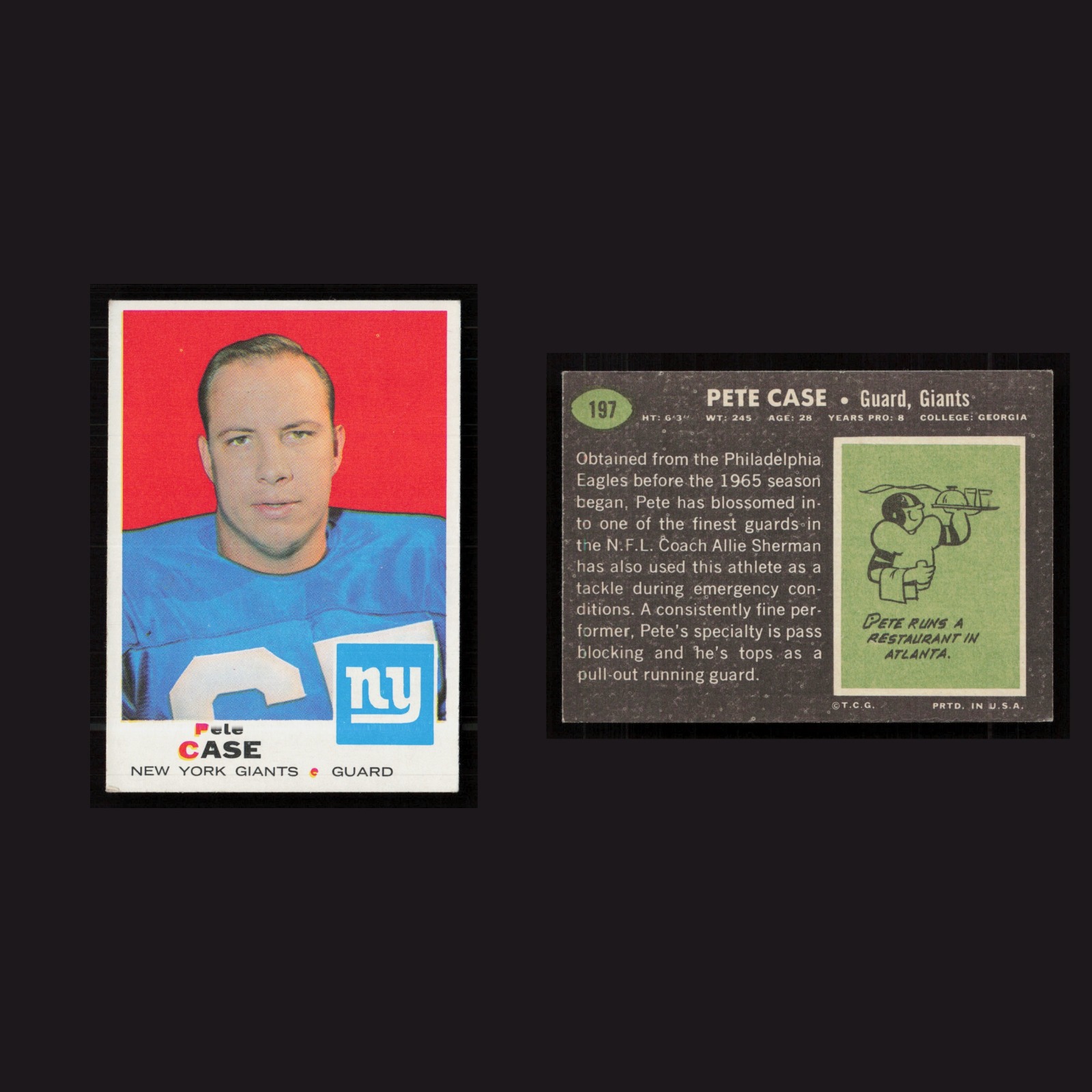 1969 Pete Case #197 EX-EXMINT Topps New York Giants Vintage Football Card NFL front and back scans. Card condition is as shown in the scans.