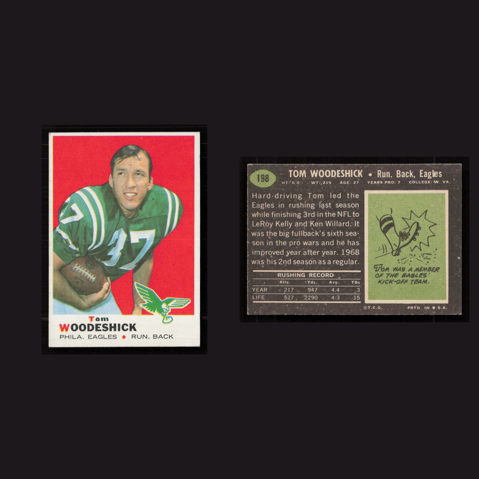 1969 Tom Woodeshick #198 EX Topps Philadelphia Eagles Vintage Football Card NFL front and back scans. Card condition is as shown in the scans.