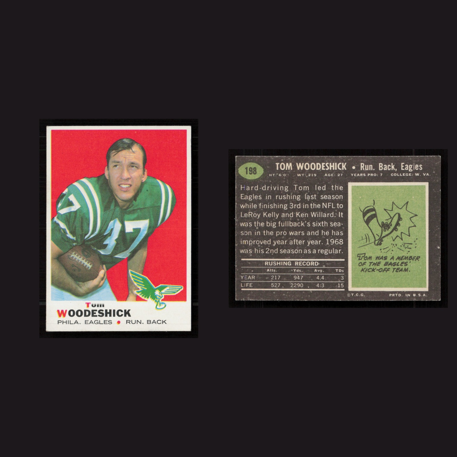 1969 Tom Woodeshick #198 EX-EXMINT Topps Philadelphia Eagles Vintage Football front and back scans. Card condition is as shown in the scans.