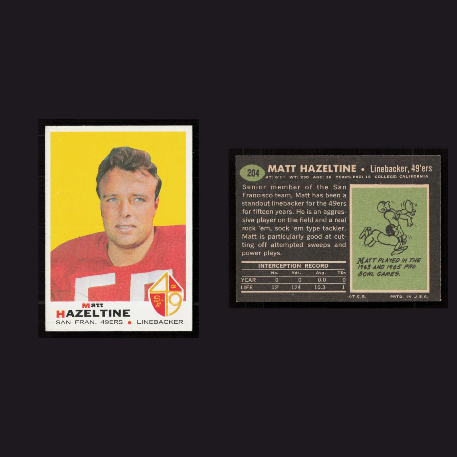1969 Matt Hazeltine #204 EX-EXMINT Topps San Francisco 49ers Vintage Football front and back scans. Card condition is as shown in the scans.