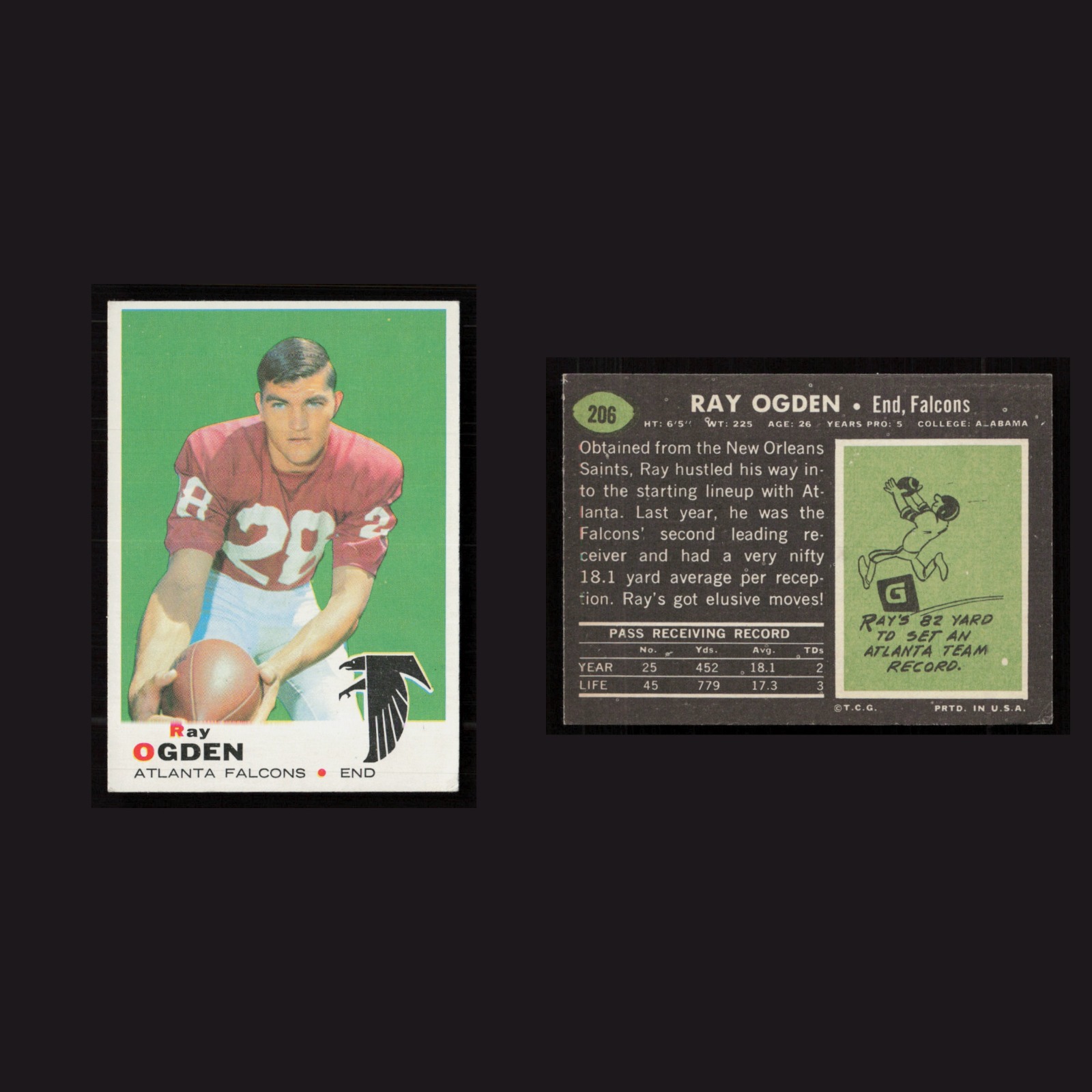 1969 Ray Ogden #206 EX-EXMINT Topps Atlanta Falcons Vintage Football Card NFL front and back scans. Card condition is as shown in the scans.