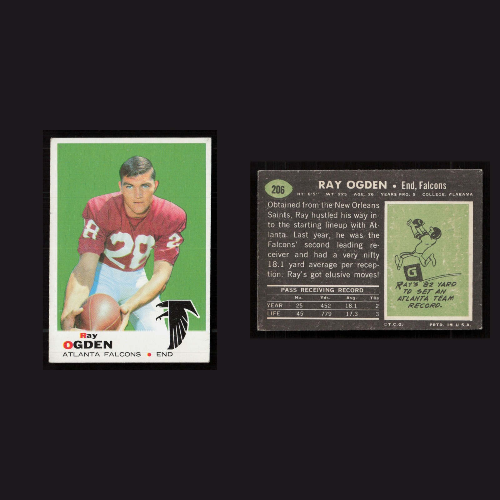 1969 Ray Ogden #206 EX-EXMINT Topps Atlanta Falcons Vintage Football Card NFL front and back scans. Card condition is as shown in the scans.