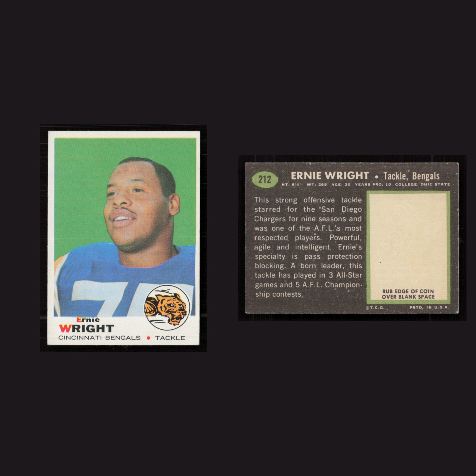 1969 Ernie Wright #212 EX-EXMINT Topps Cincinnati Bengals Vintage Football Card front and back scans. Card condition is as shown in the scans.