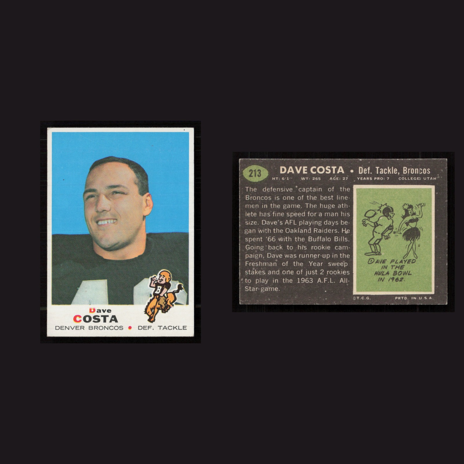 1969 Dave Costa #213 EX-EXMINT Topps Denver Broncos Vintage Football Card NFL front and back scans. Card condition is as shown in the scans.