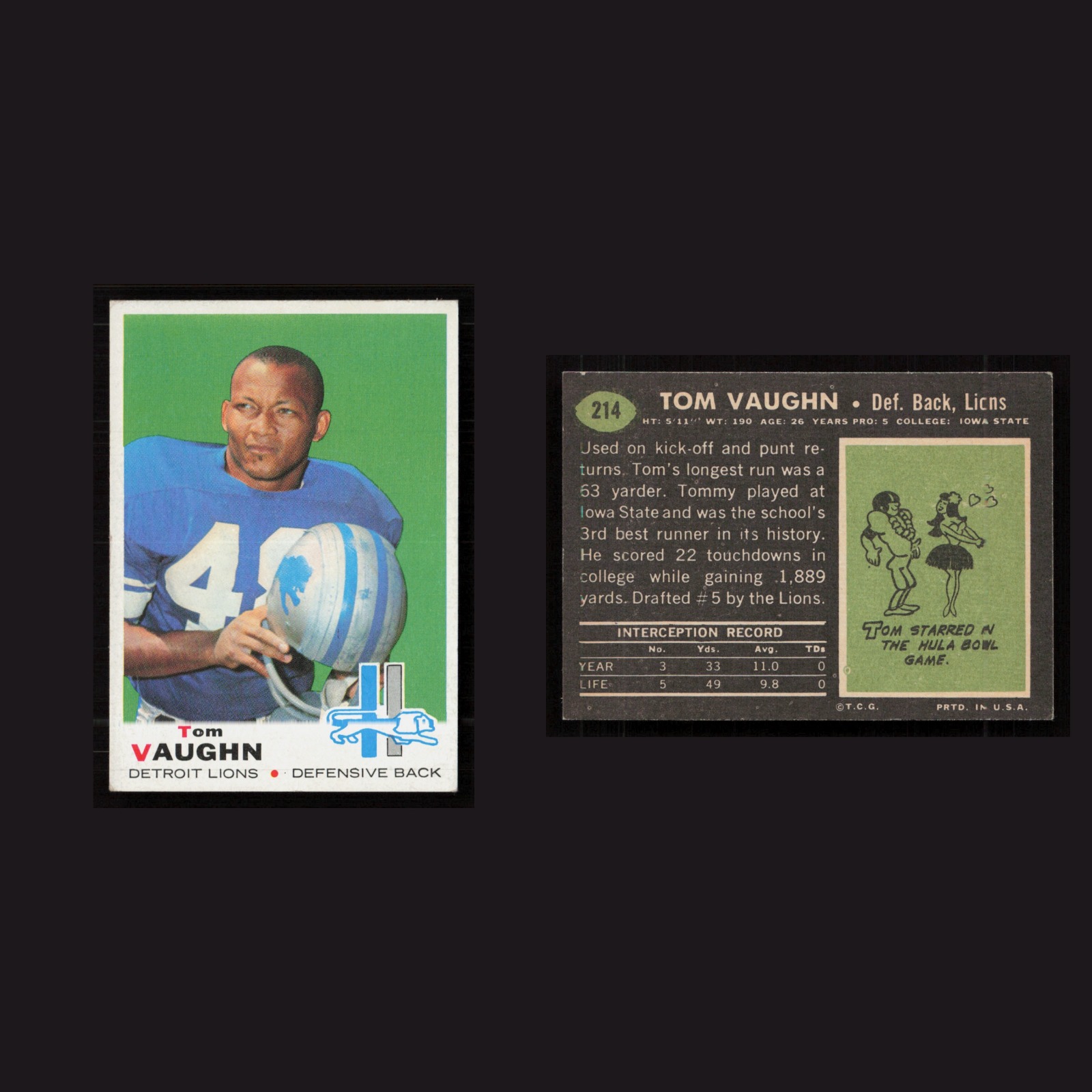 1969 Tom Vaughn #214 EX-EXMINT Topps Detroit Lions Vintage Football Card NFL front and back scans. Card condition is as shown in the scans.