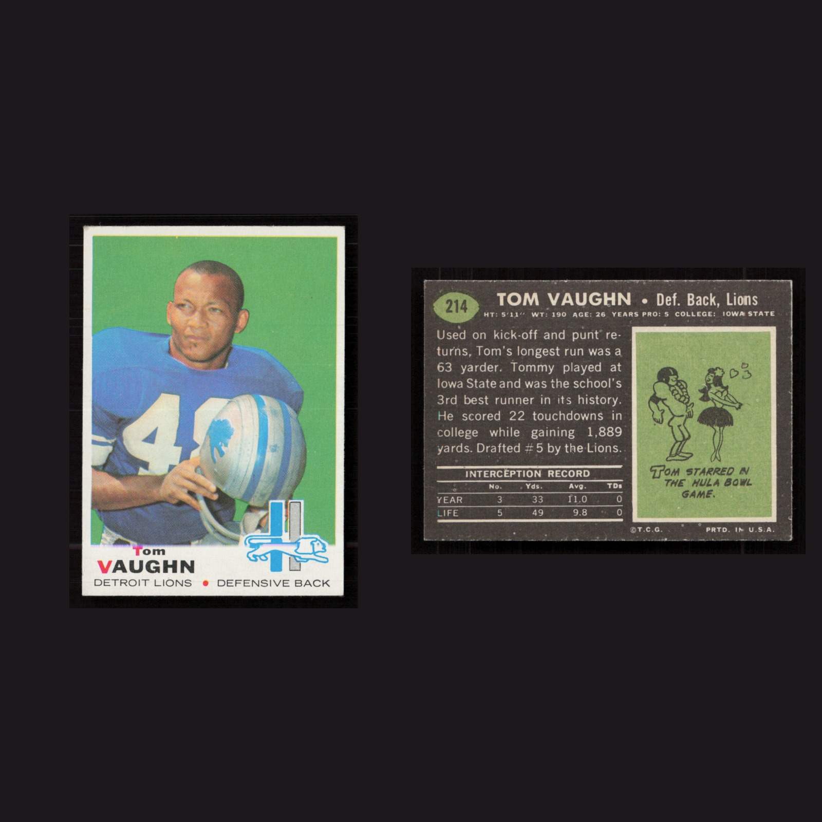 1969 Tom Vaughn #214 EX-EXMINT Topps Detroit Lions Vintage Football Card NFL front and back scans. Card condition is as shown in the scans.