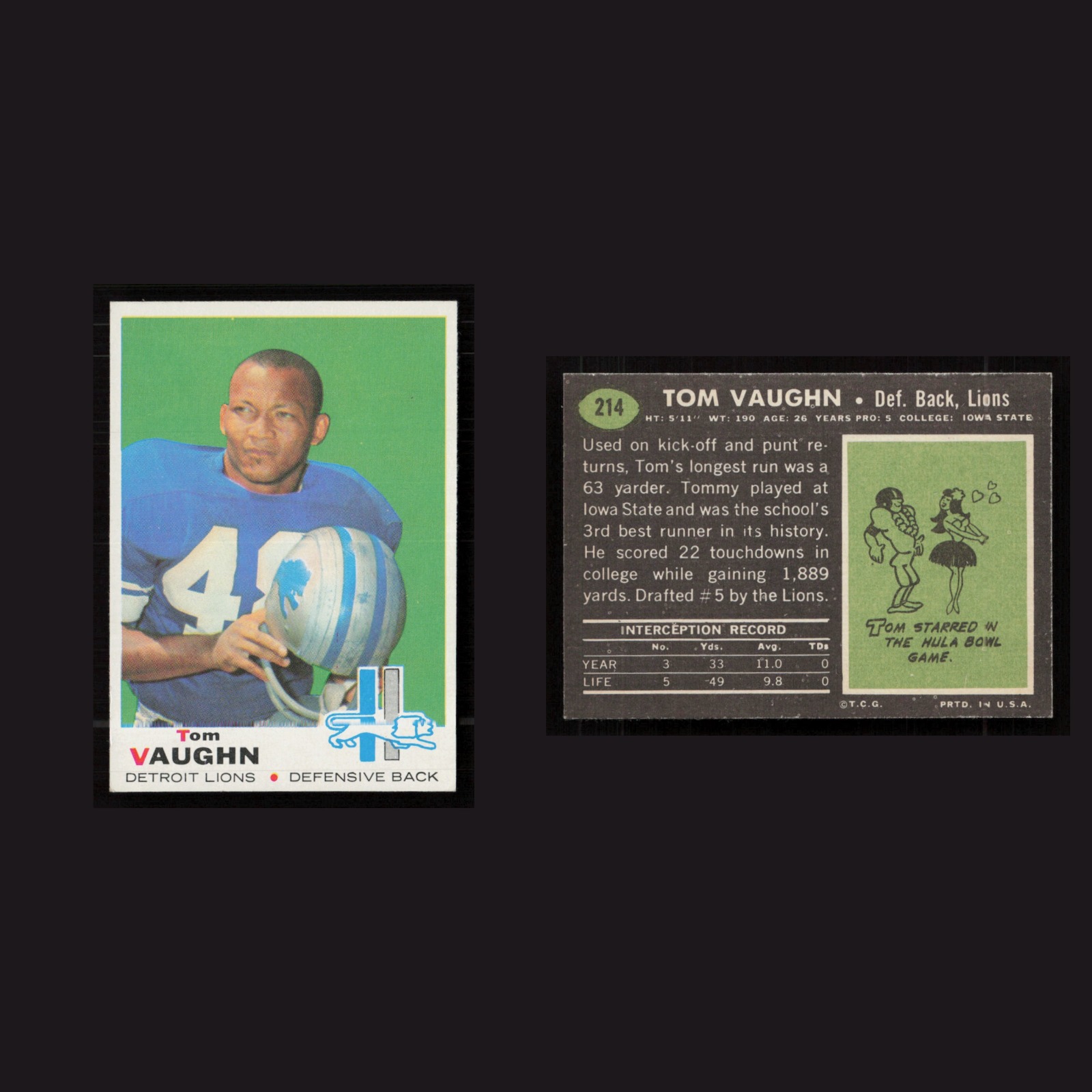 1969 Tom Vaughn #214 EX-EXMINT Topps Detroit Lions Vintage Football Card NFL front and back scans. Card condition is as shown in the scans.