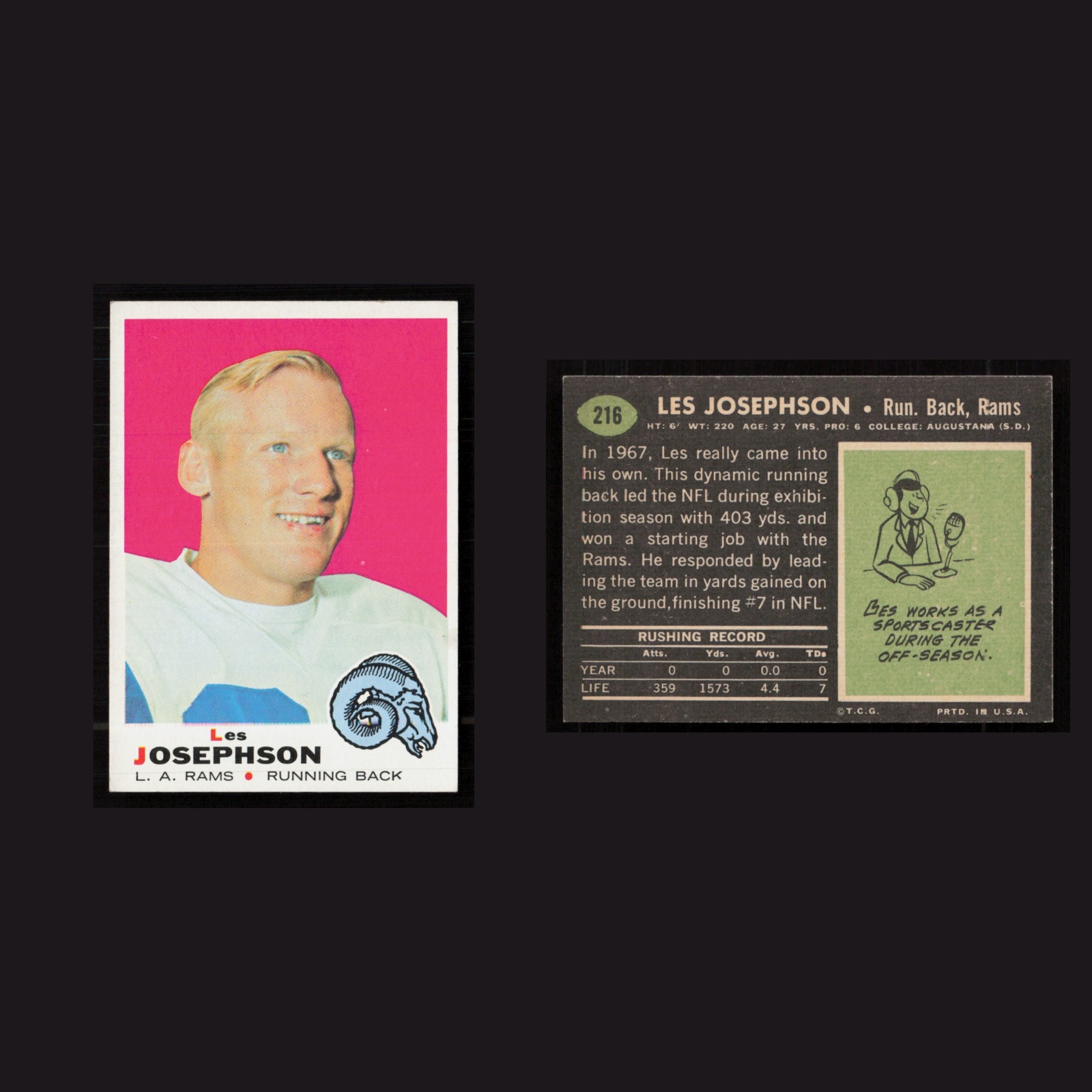 1969 Les Josephson #216 EX-EXMINT Topps Los Angeles Rams Vintage Football Card front and back scans. Card condition is as shown in the scans.
