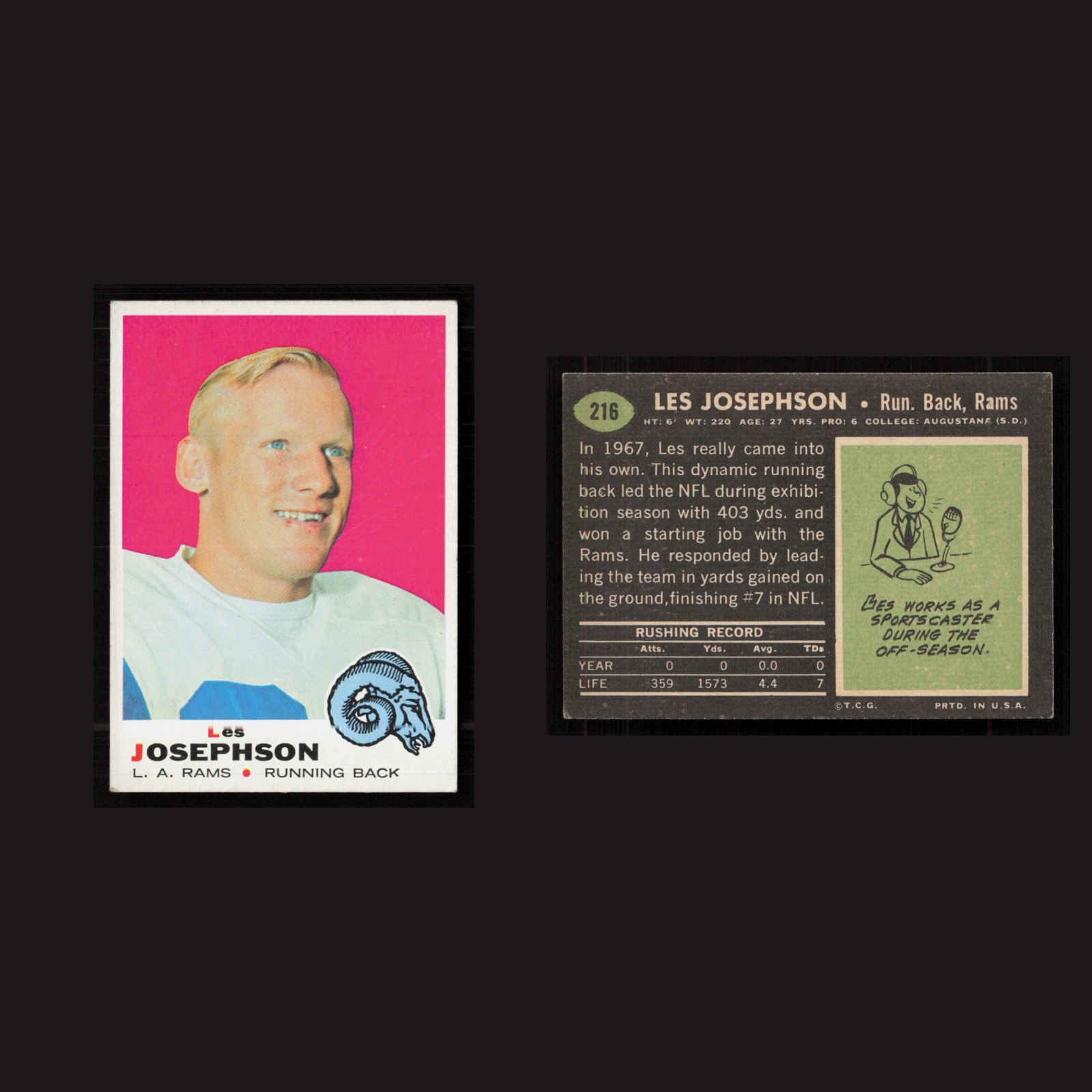 1969 Les Josephson #216 EX-EXMINT Topps Los Angeles Rams Vintage Football Card front and back scans. Card condition is as shown in the scans.