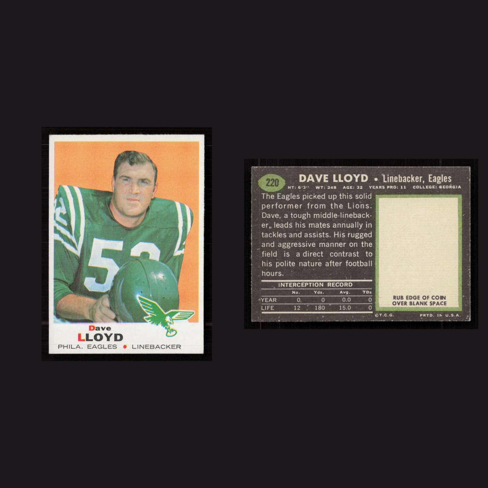 1969 Dave Lloyd #220 EX-EXMINT Topps Philadelphia Eagles Vintage Football Card front and back scans. Card condition is as shown in the scans.