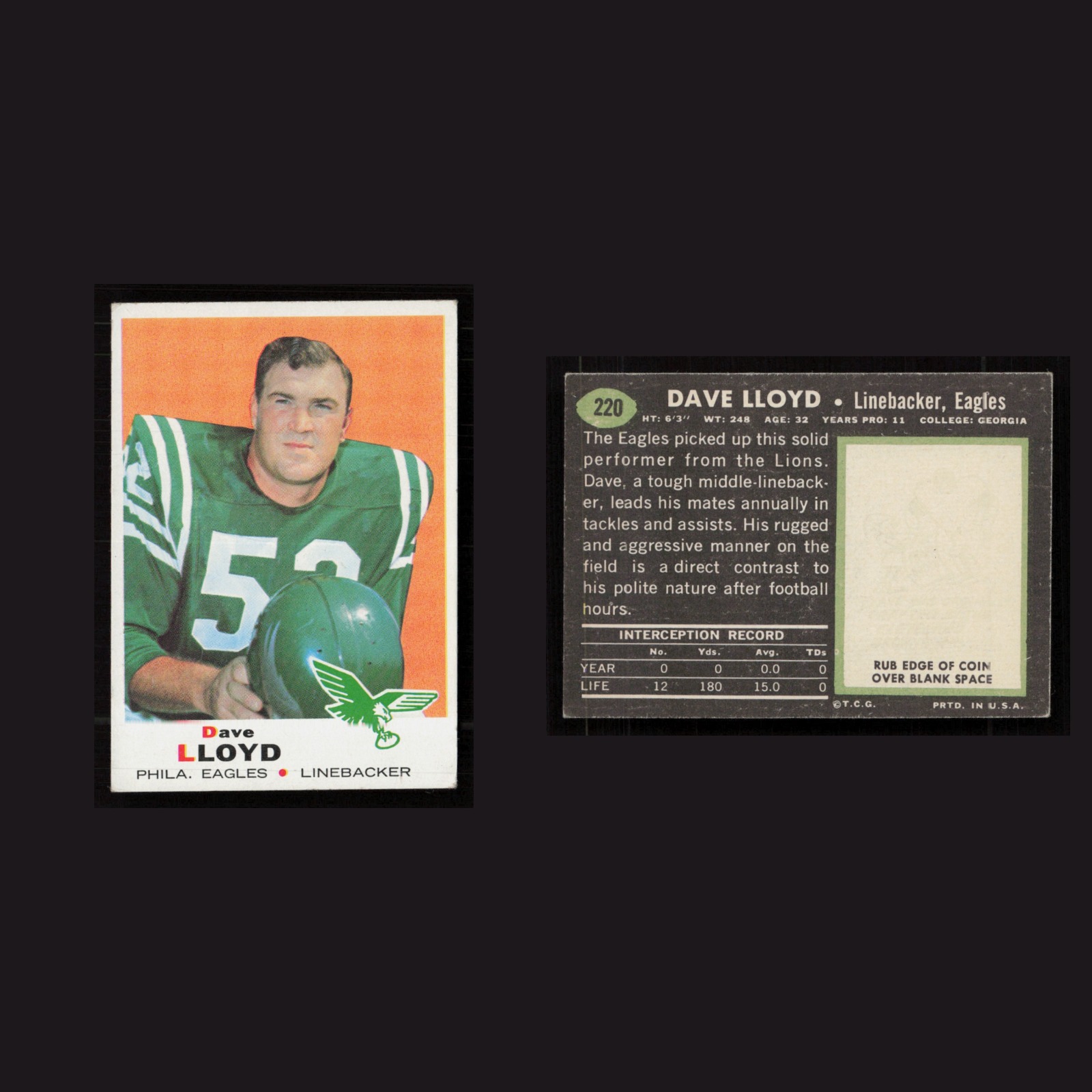 1969 Dave Lloyd #220 EX-EXMINT Topps Philadelphia Eagles Vintage Football Card front and back scans. Card condition is as shown in the scans.