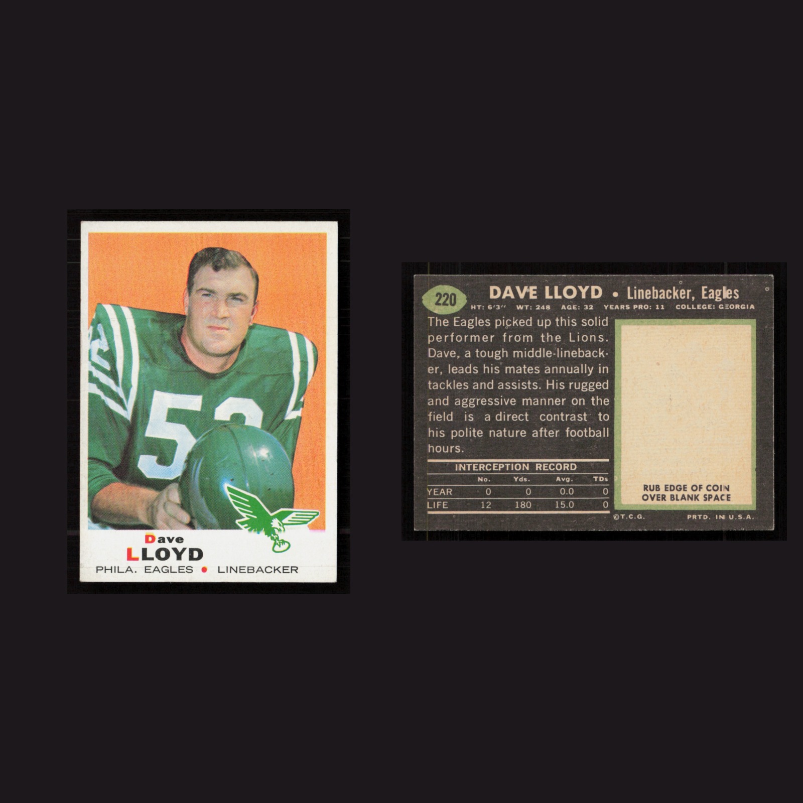 1969 Dave Lloyd #220 EX-EXMINT Topps Philadelphia Eagles Vintage Football Card front and back scans. Card condition is as shown in the scans.