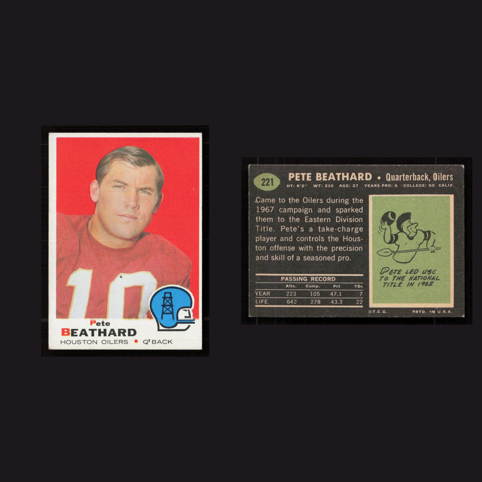 1969 Pete Beathard #221 EX Topps Houston Oilers Vintage Football Card Set-Break front and back scans. Card condition is as shown in the scans.