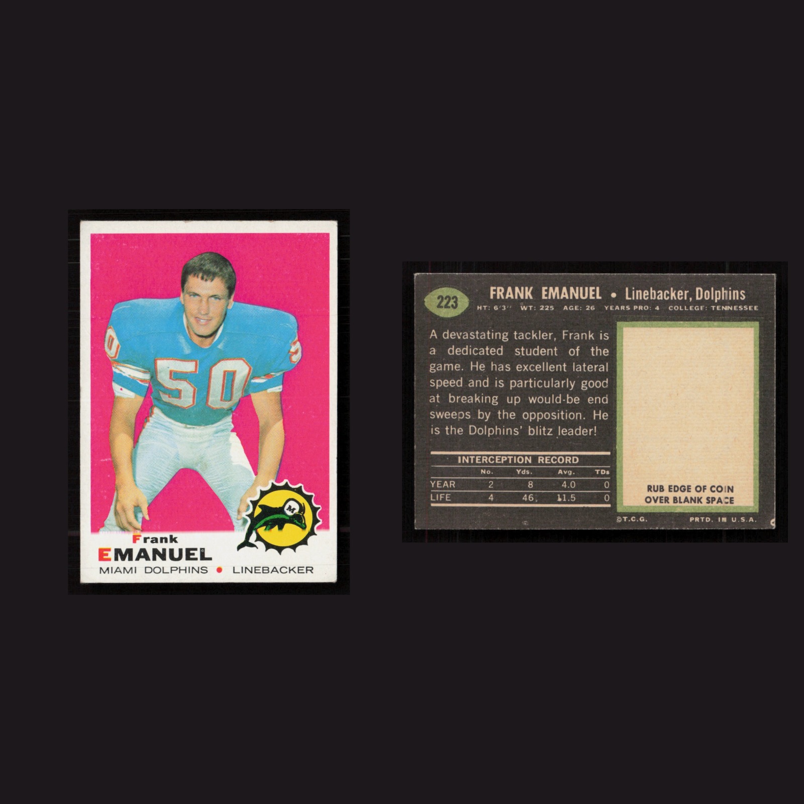 1969 Frank Emanuel #223 EX-EXMINT Topps Miami Dolphins Vintage Football Card NFL front and back scans. Card condition is as shown in the scans.