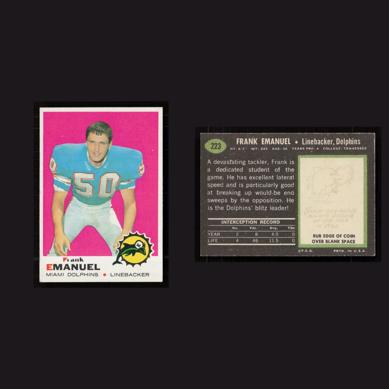 1969 Rookie Frank Emanuel #223 EX-EXMINT Topps Miami Dolphins Vintage Football front and back scans. Card condition is as shown in the scans.