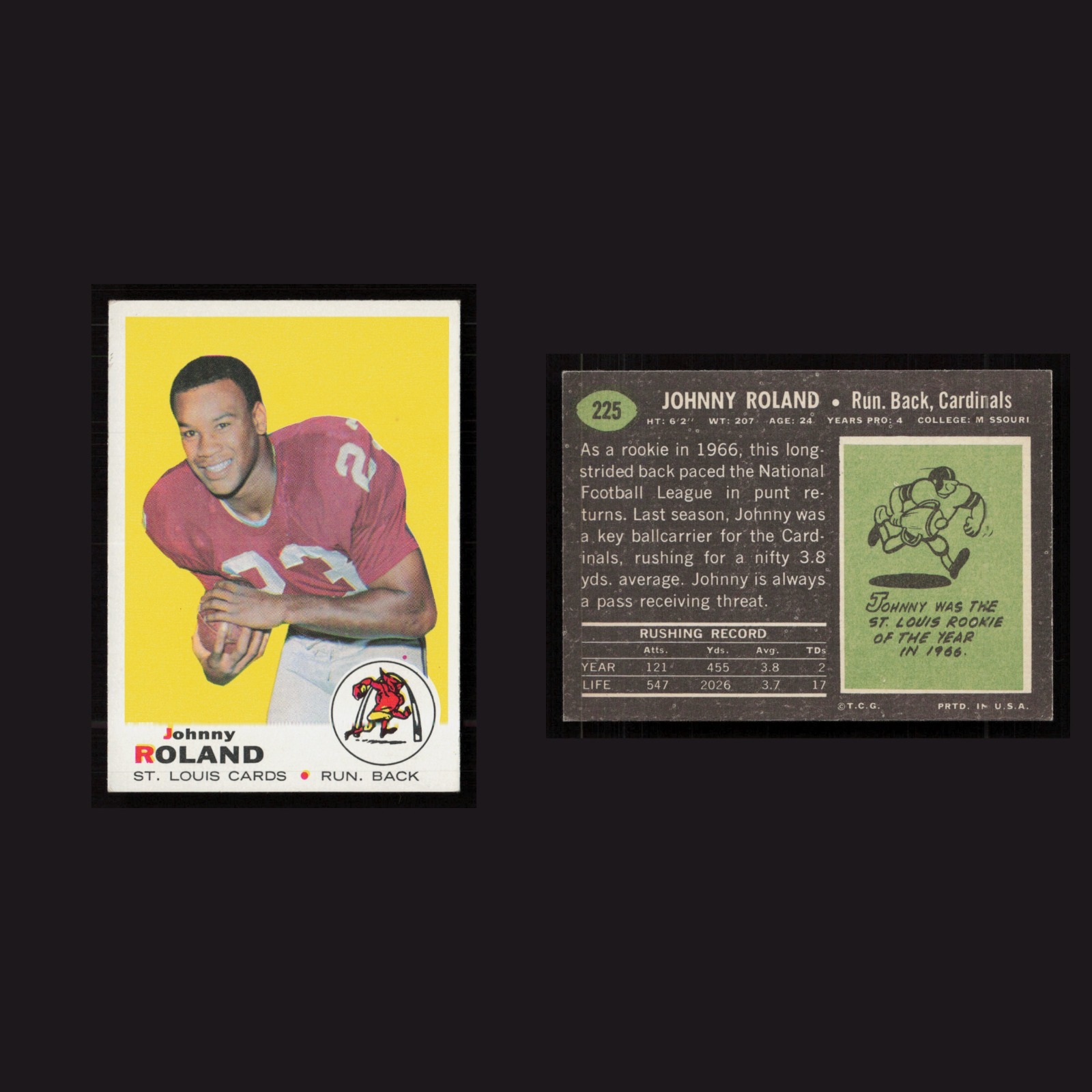 1969 Rookie Johnny Roland #225 EX-EXMINT Topps St. Louis Cardinals Vintage Card front and back scans. Card condition is as shown in the scans.