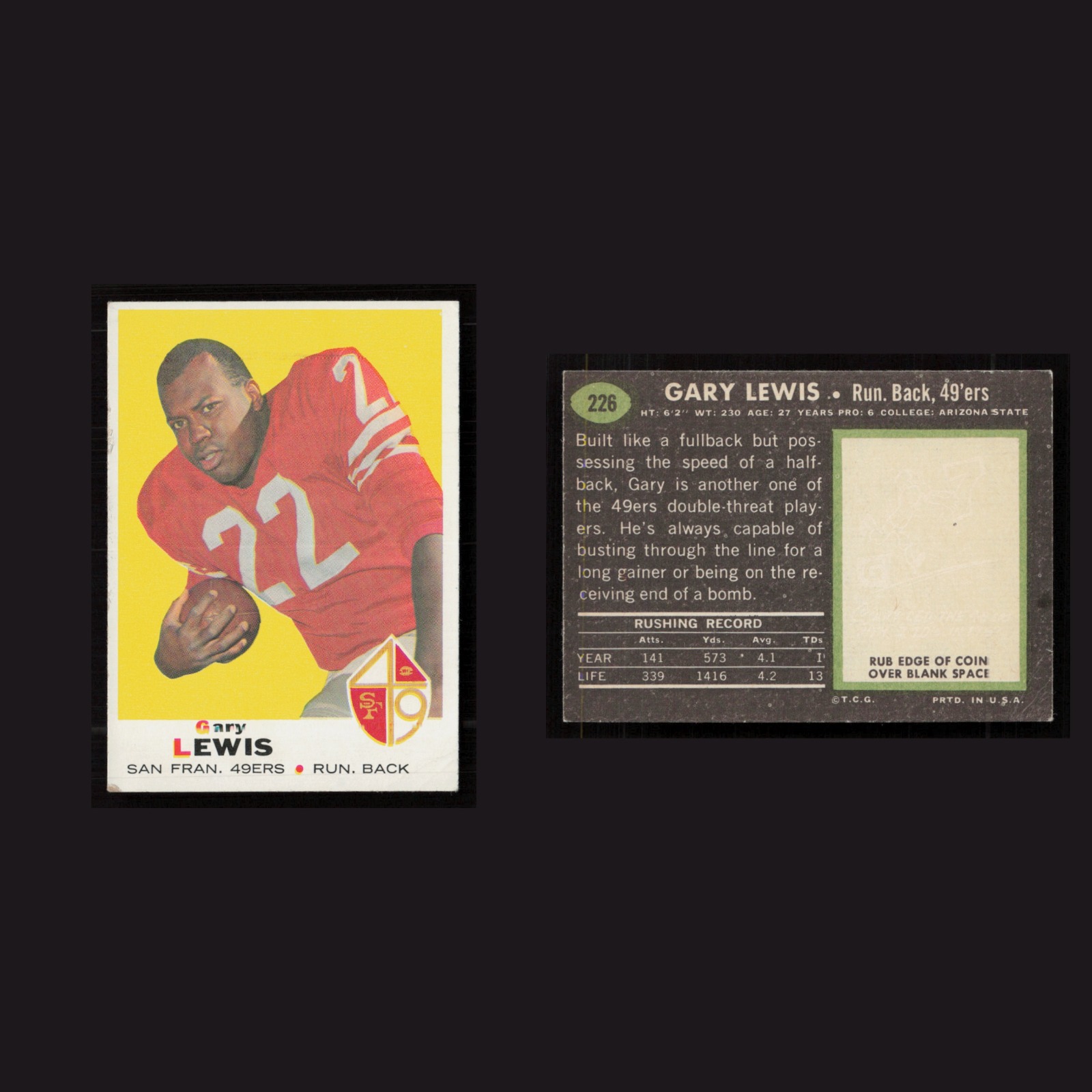 1969 Gary Lewis #226 EX-EXMINT Topps San Francisco 49ers Vintage Football Card front and back scans. Card condition is as shown in the scans.