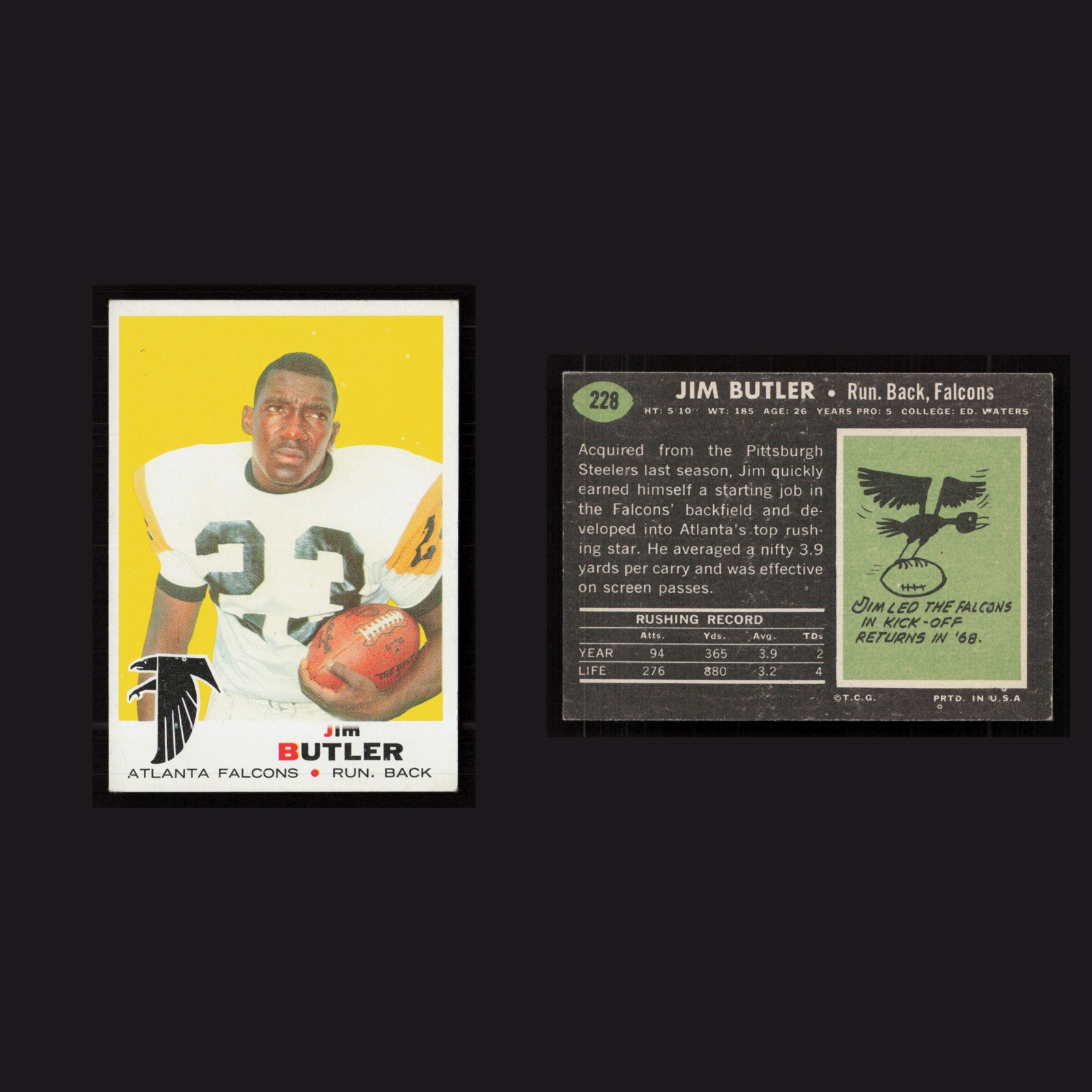 1969 Jim Butler #228 EX-EXMINT Topps Atlanta Falcons Vintage Football Card NFL front and back scans. Card condition is as shown in the scans.