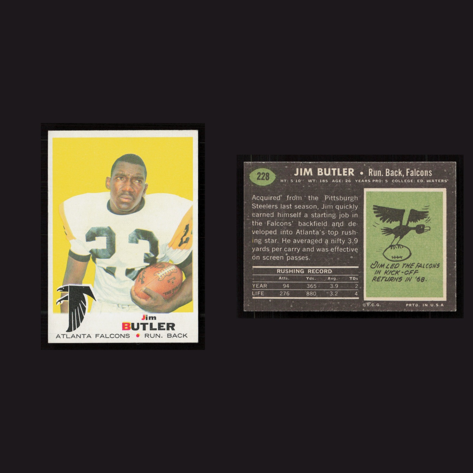 1969 Jim Butler #228 EX-EXMINT Topps Atlanta Falcons Vintage Football Card NFL front and back scans. Card condition is as shown in the scans.