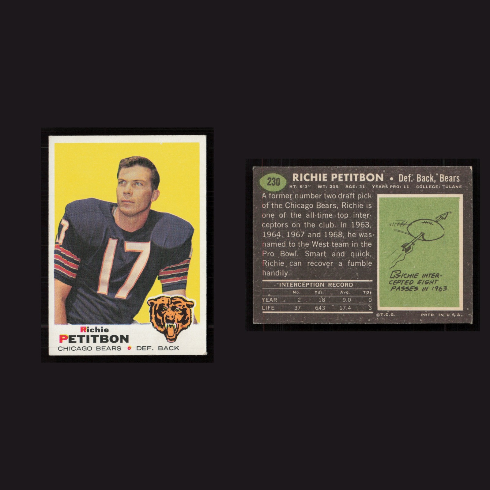 1969 Richie Petitbon #230 EX-EXMINT Topps Chicago Bears Vintage Football Card front and back scans. Card condition is as shown in the scans.