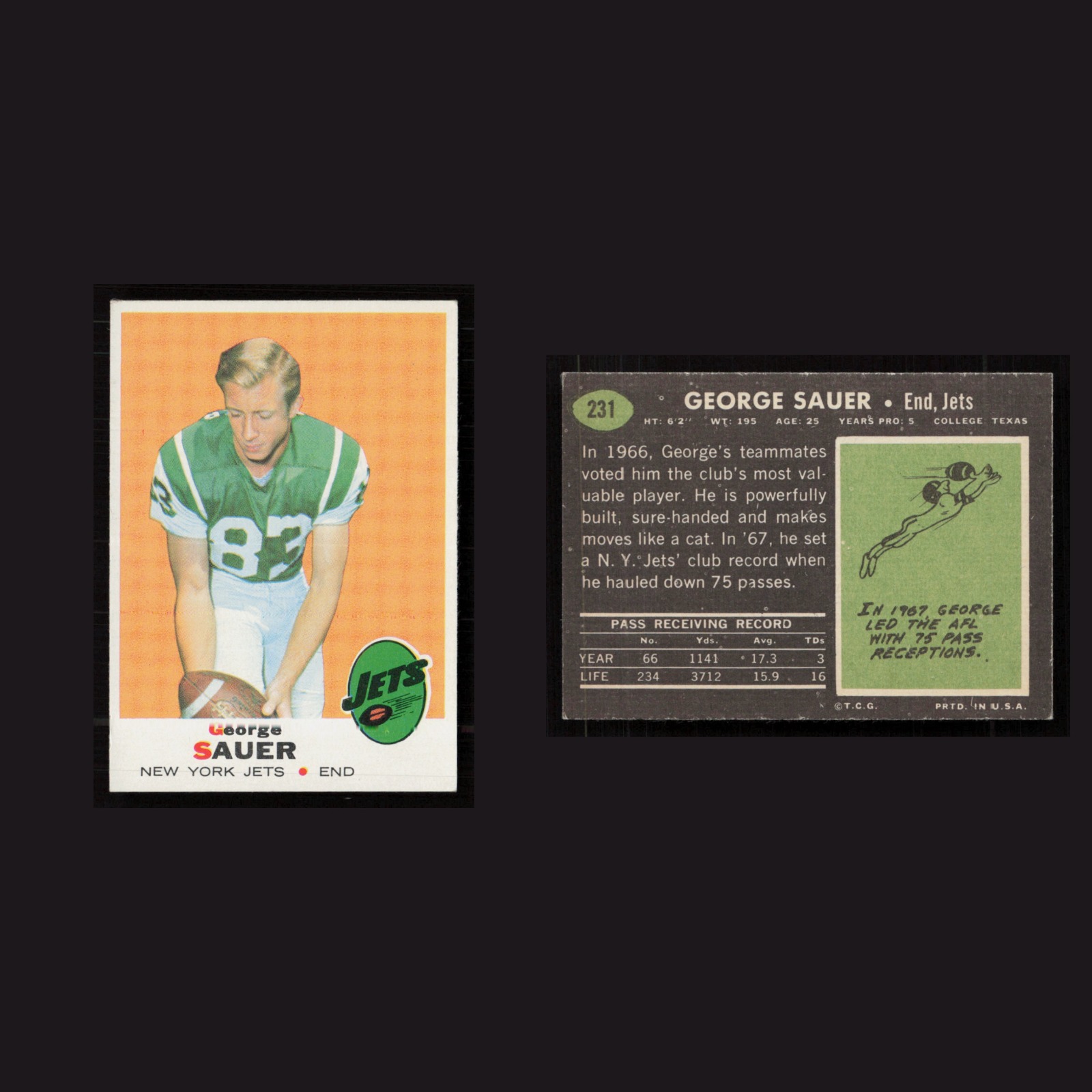 1969 George Sauer #231 EX-EXMINT Topps New York Jets Vintage Football Card NFL front and back scans. Card condition is as shown in the scans.