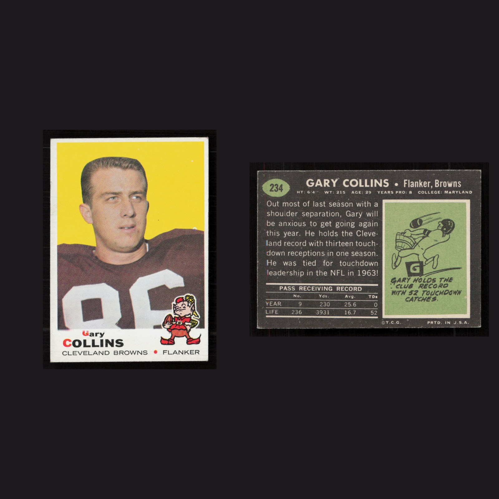 1969 Gary Collins #234 EX-EXMINT Topps Cleveland Browns Vintage Football Card front and back scans. Card condition is as shown in the scans.